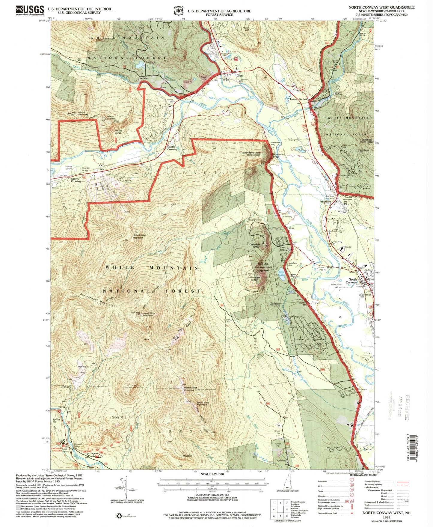 Classic USGS North Conway West New Hampshire 7.5'x7.5' Topo Map Image