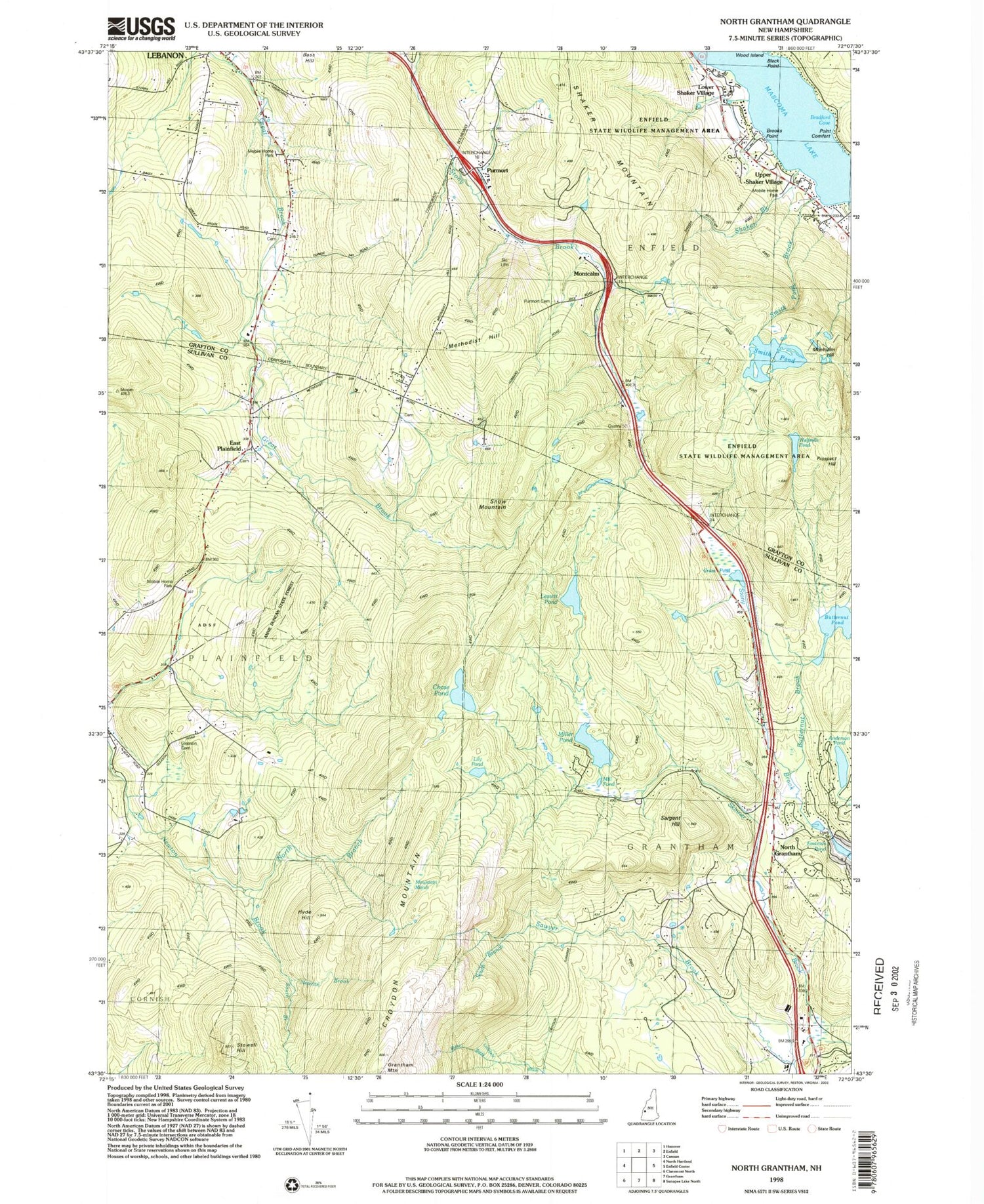 Classic USGS North Grantham New Hampshire 7.5'x7.5' Topo Map Image