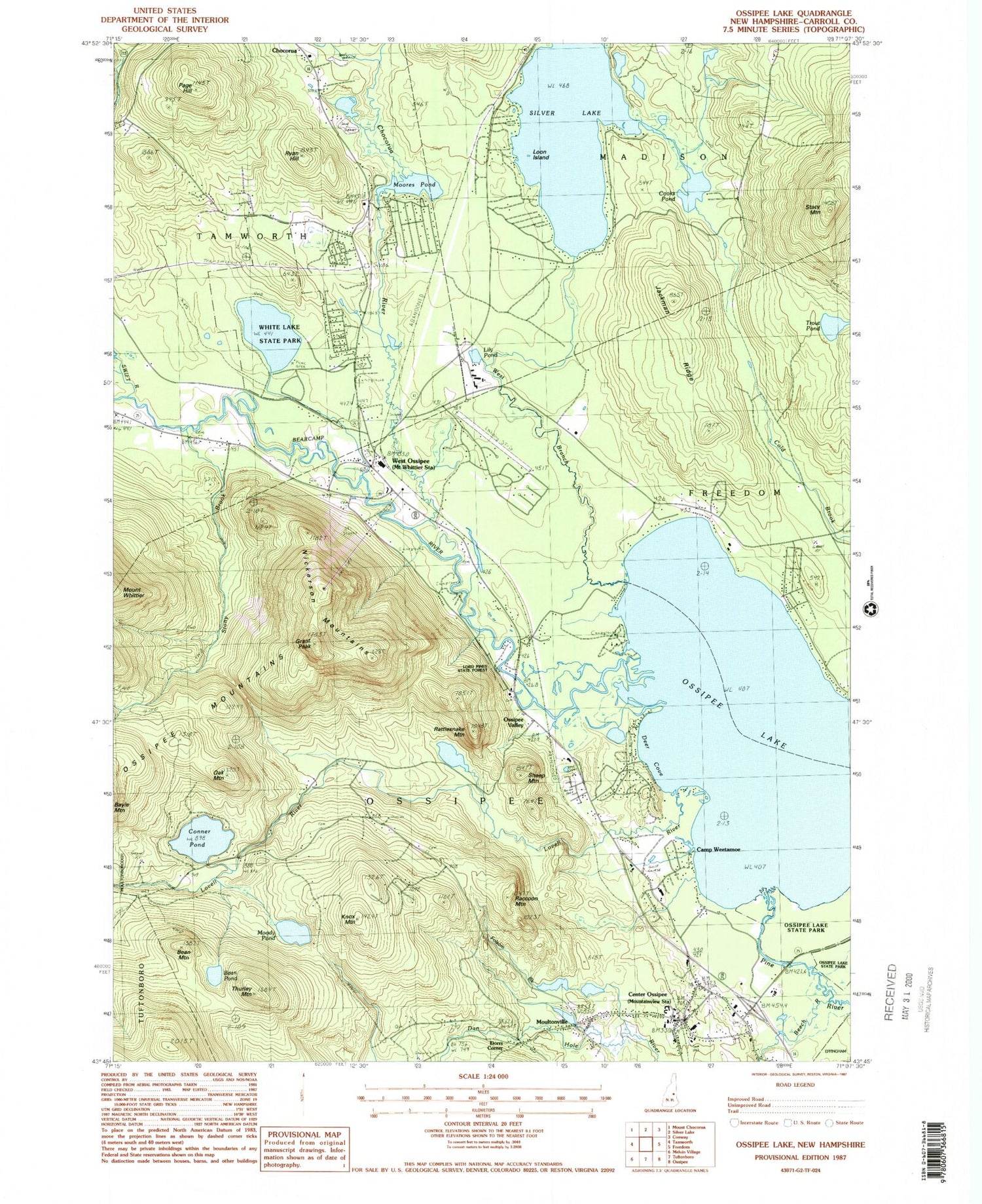 Classic USGS Ossipee Lake New Hampshire 7.5'x7.5' Topo Map Image