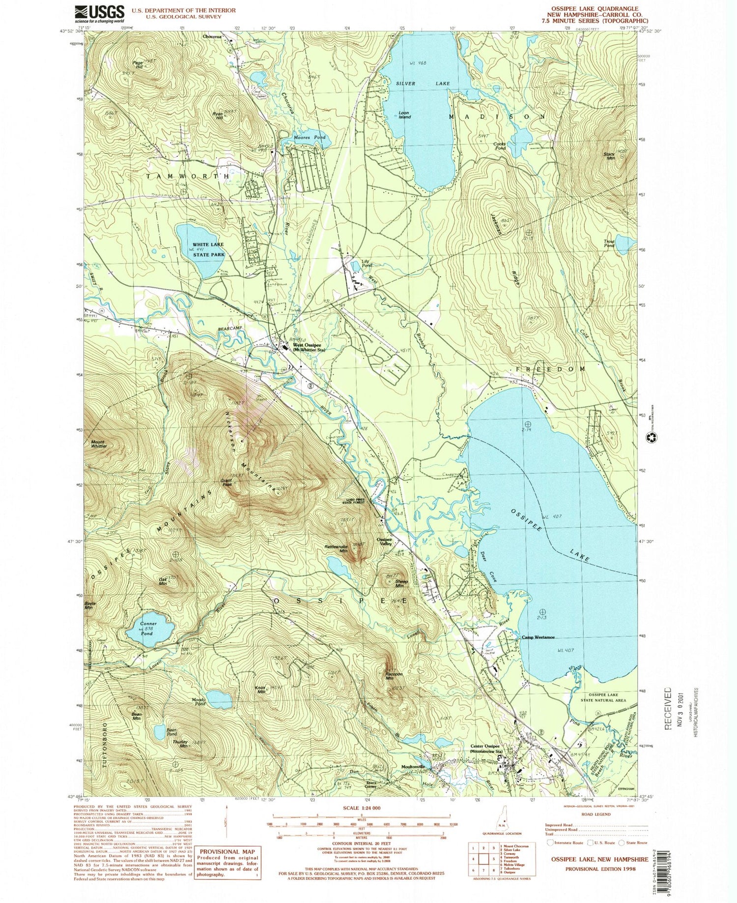 Classic USGS Ossipee Lake New Hampshire 7.5'x7.5' Topo Map Image