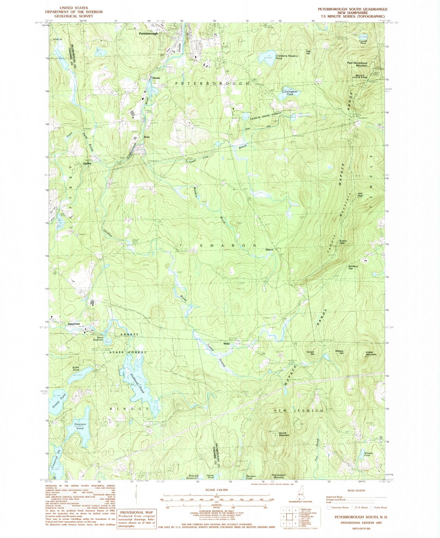 Classic USGS Peterborough South New Hampshire 7.5'x7.5' Topo Map Image