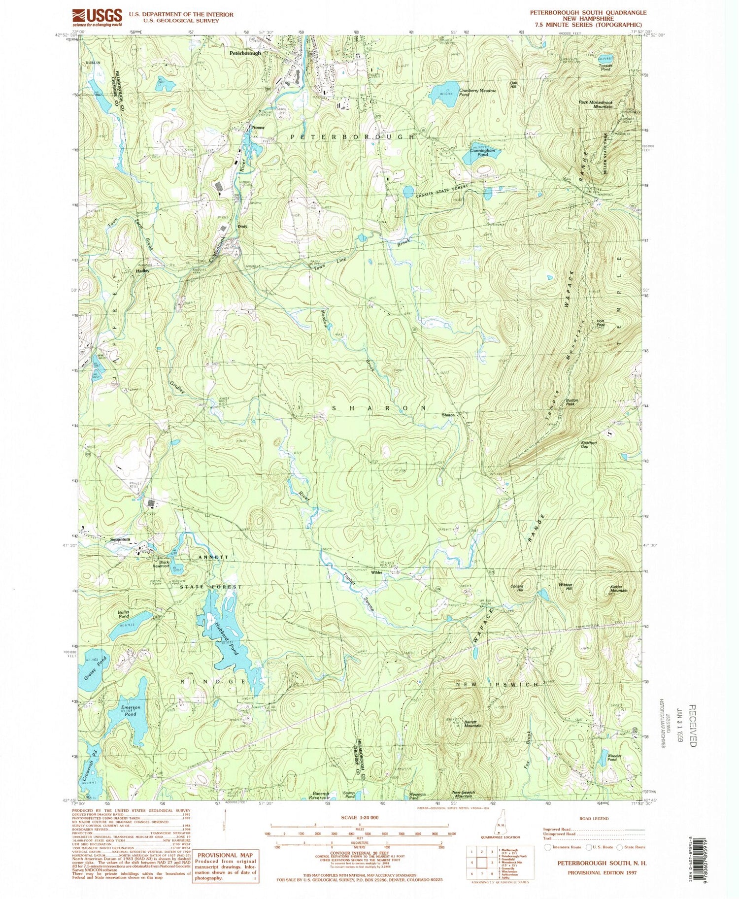 Classic USGS Peterborough South New Hampshire 7.5'x7.5' Topo Map Image