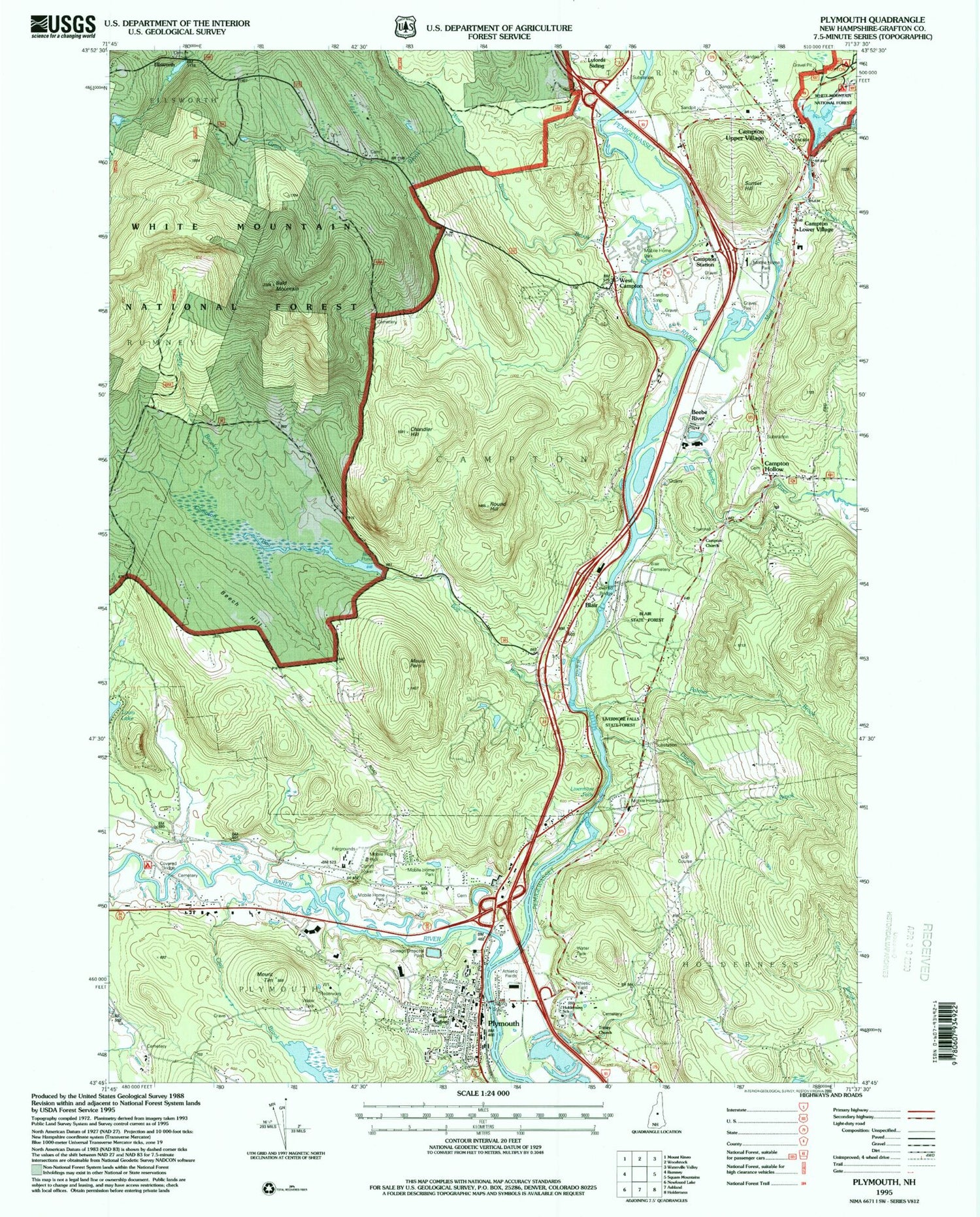 Classic USGS Plymouth New Hampshire 7.5'x7.5' Topo Map Image