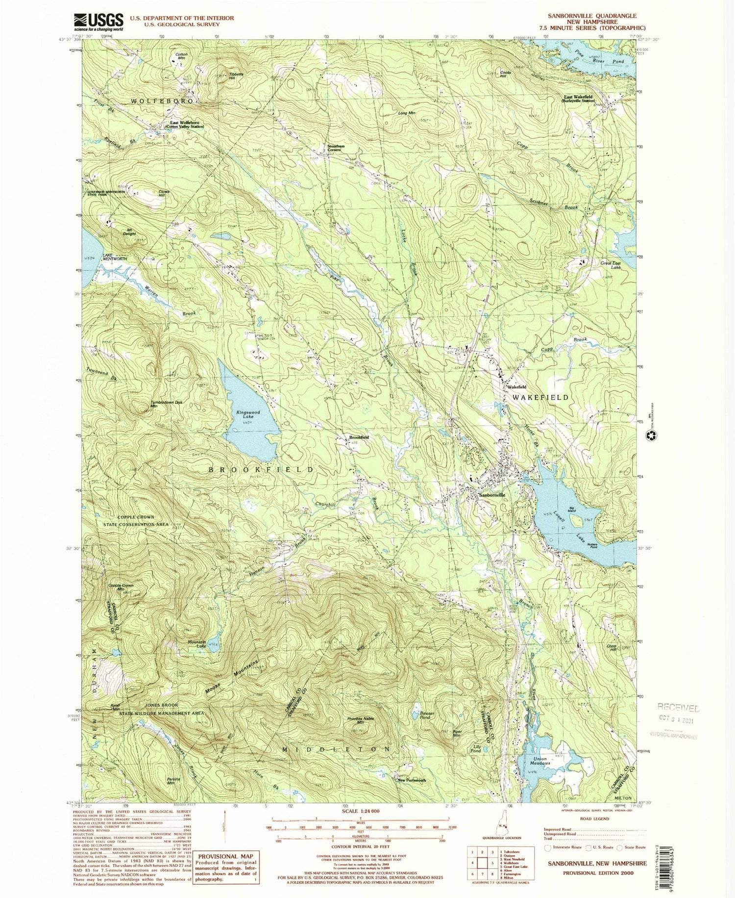 Classic USGS Sanbornville New Hampshire 7.5'x7.5' Topo Map Image
