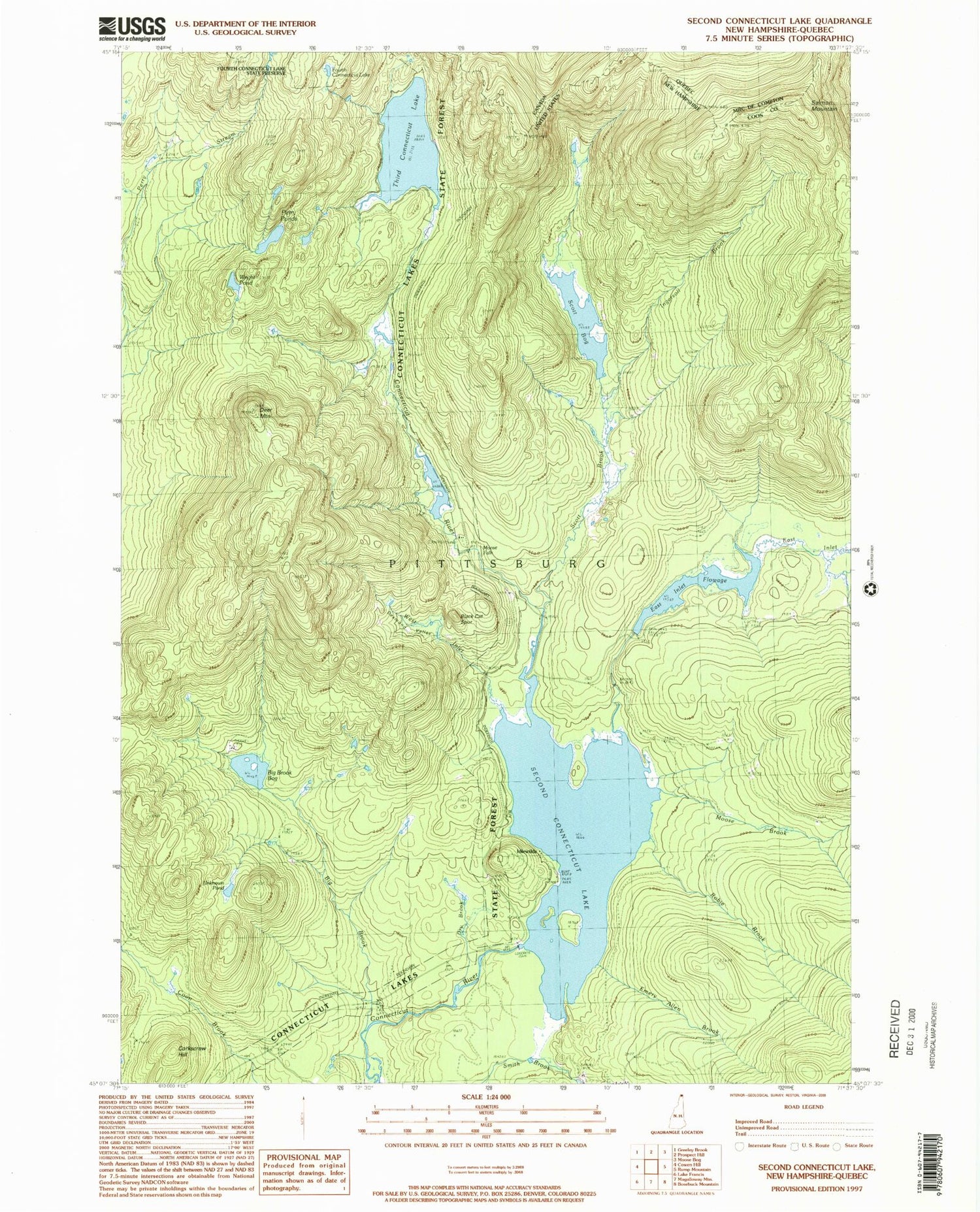 Classic USGS Second Connecticut Lake New Hampshire 7.5'x7.5' Topo Map Image