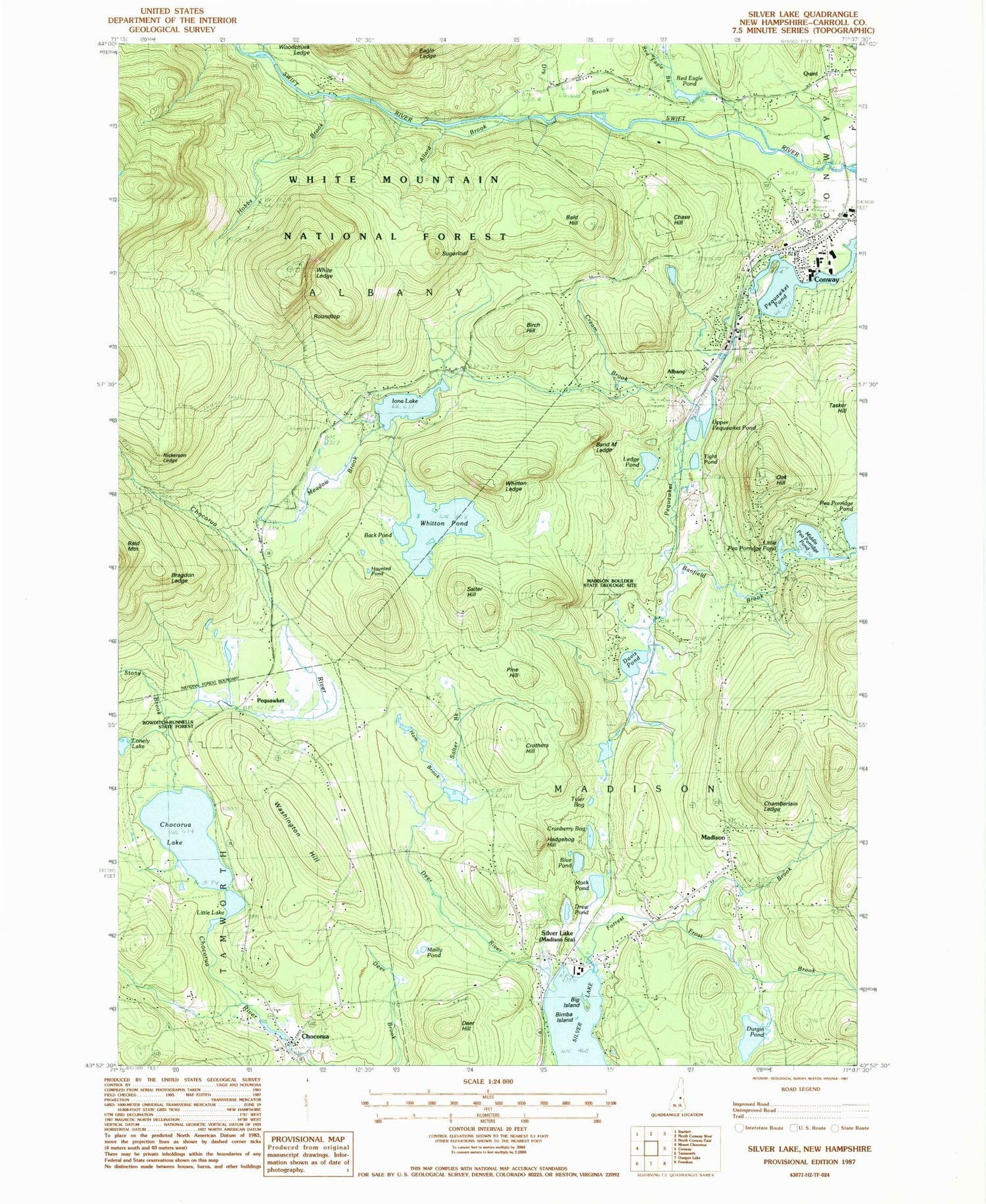 Classic USGS Silver Lake New Hampshire 7.5'x7.5' Topo Map Image