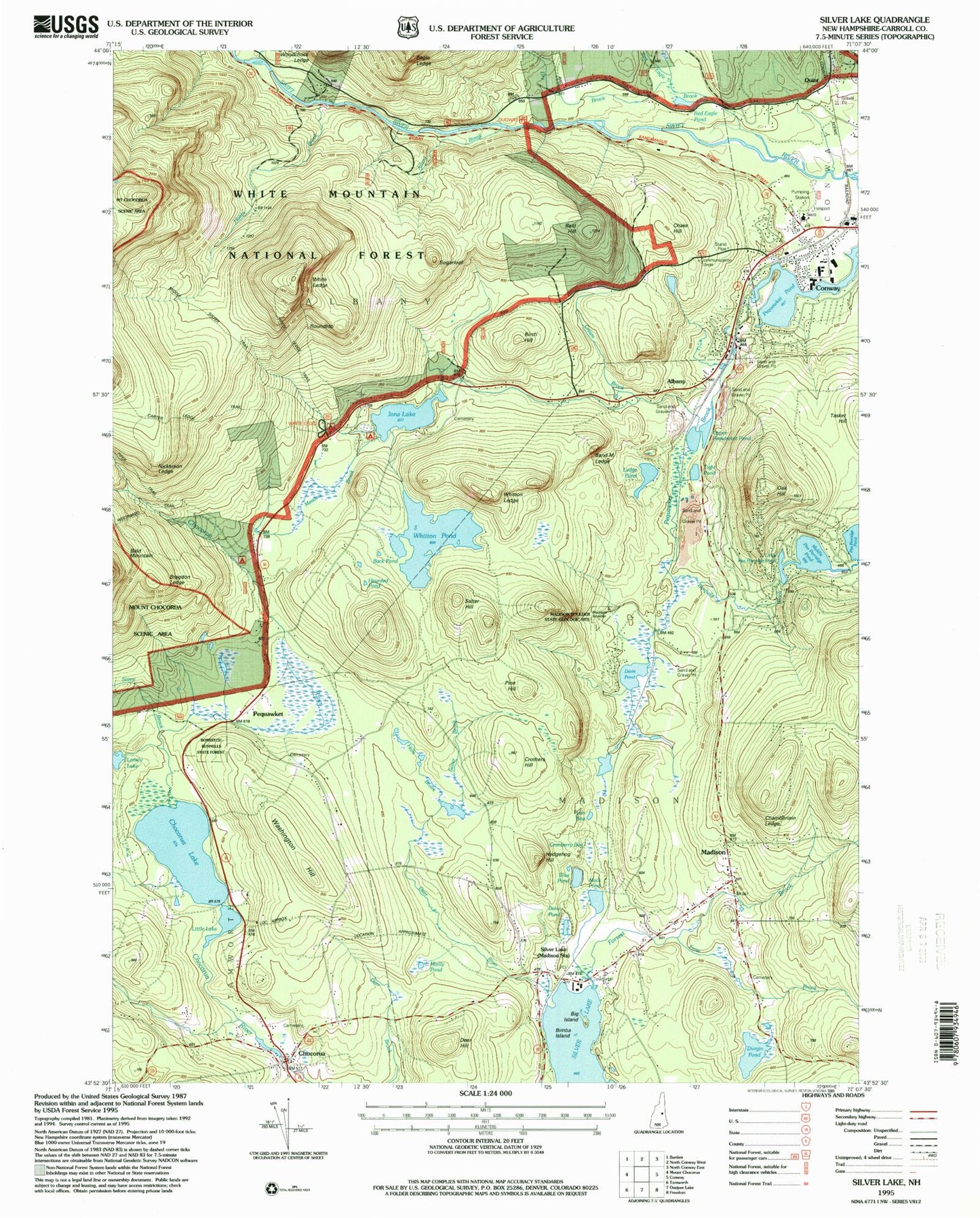 Classic USGS Silver Lake New Hampshire 7.5'x7.5' Topo Map Image