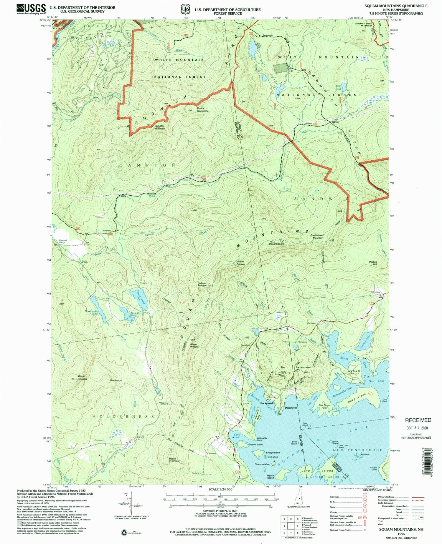Classic USGS Squam Mountains New Hampshire 7.5'x7.5' Topo Map Image