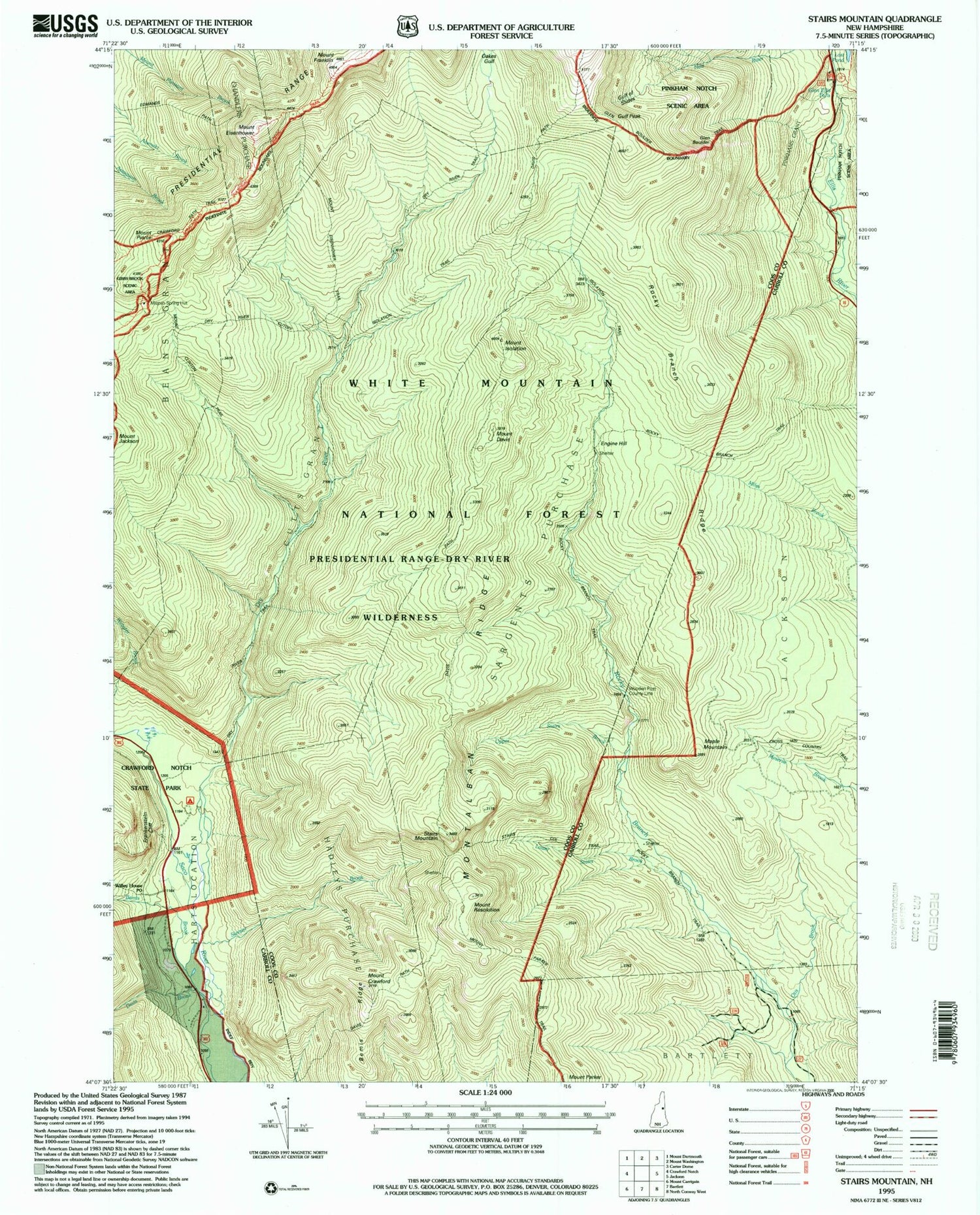 Classic USGS Stairs Mountain New Hampshire 7.5'x7.5' Topo Map Image