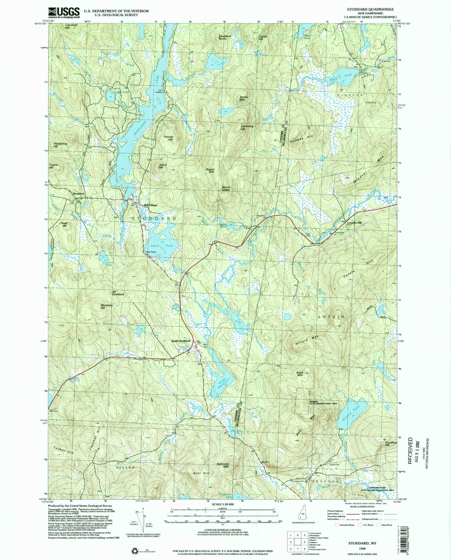 Classic USGS Stoddard New Hampshire 7.5'x7.5' Topo Map Image