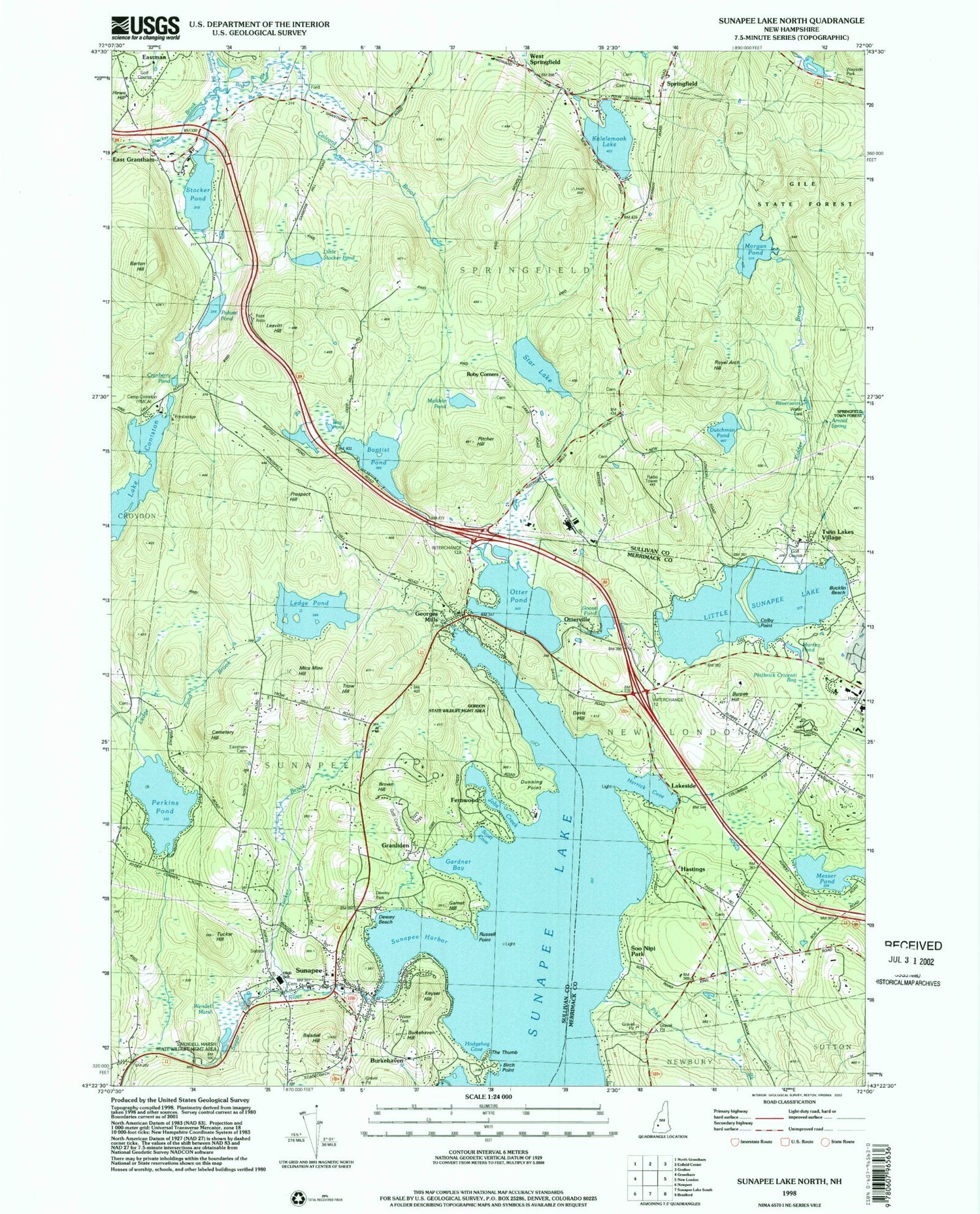 Classic USGS Sunapee Lake North New Hampshire 7.5'x7.5' Topo Map Image