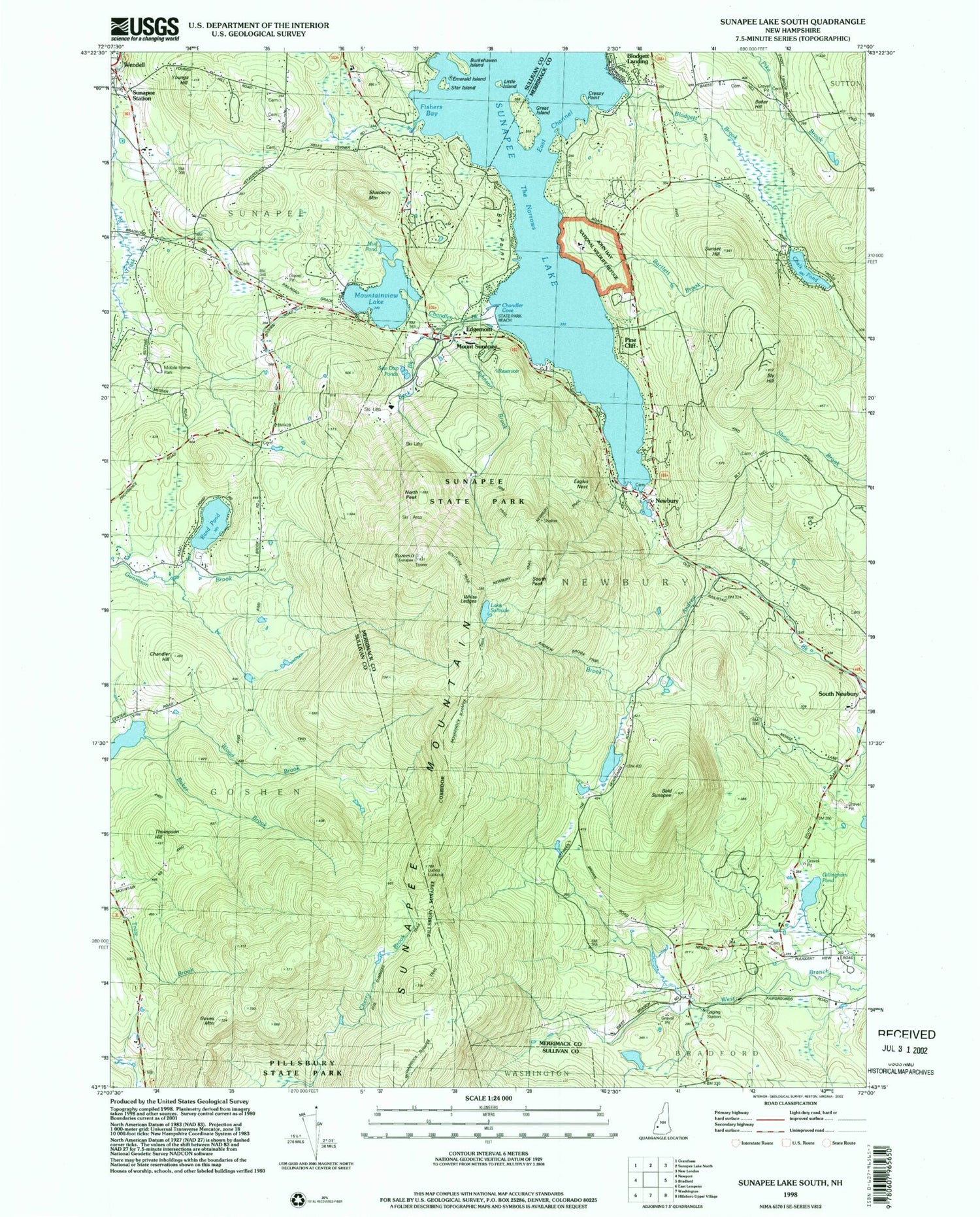 Classic USGS Sunapee Lake South New Hampshire 7.5'x7.5' Topo Map Image