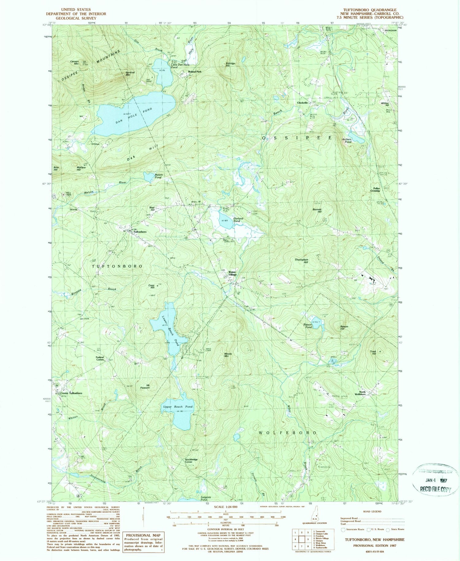 Classic USGS Tuftonboro New Hampshire 7.5'x7.5' Topo Map Image