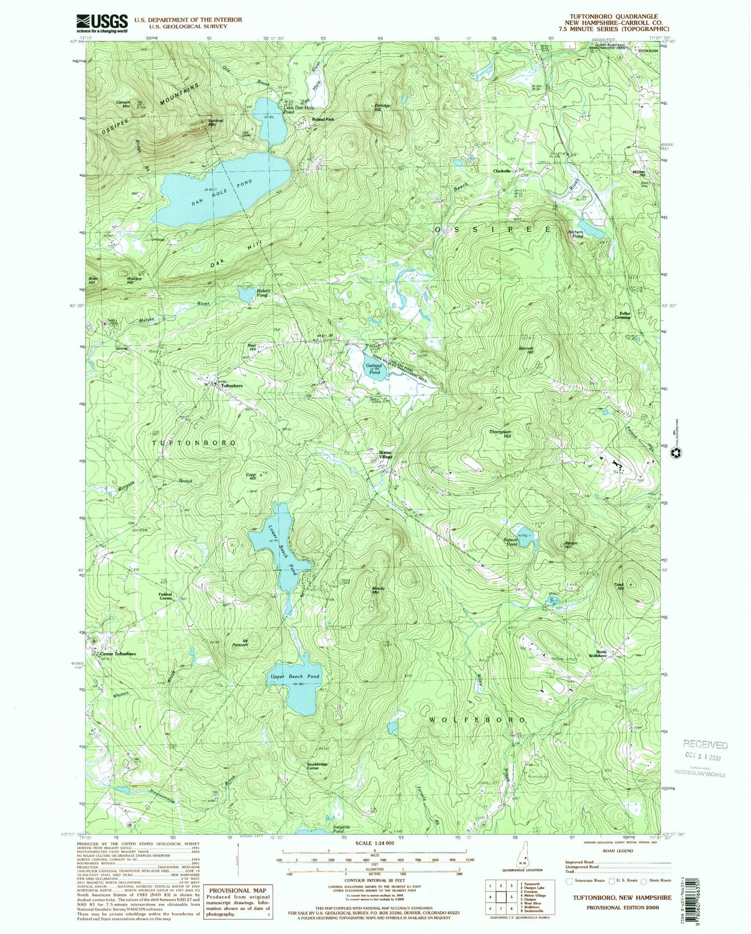 Classic USGS Tuftonboro New Hampshire 7.5'x7.5' Topo Map Image