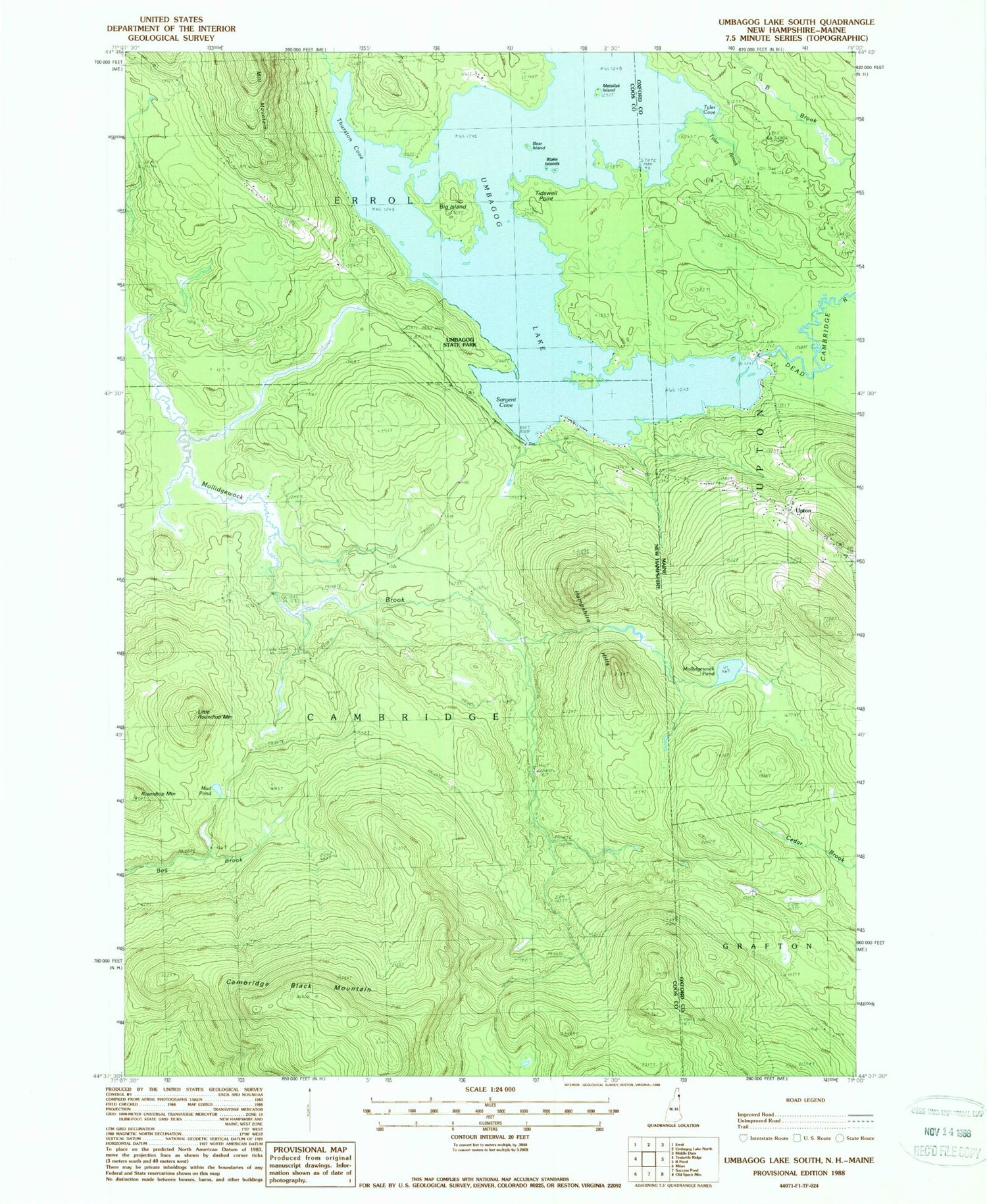 Classic USGS Umbagog Lake South New Hampshire 7.5'x7.5' Topo Map Image