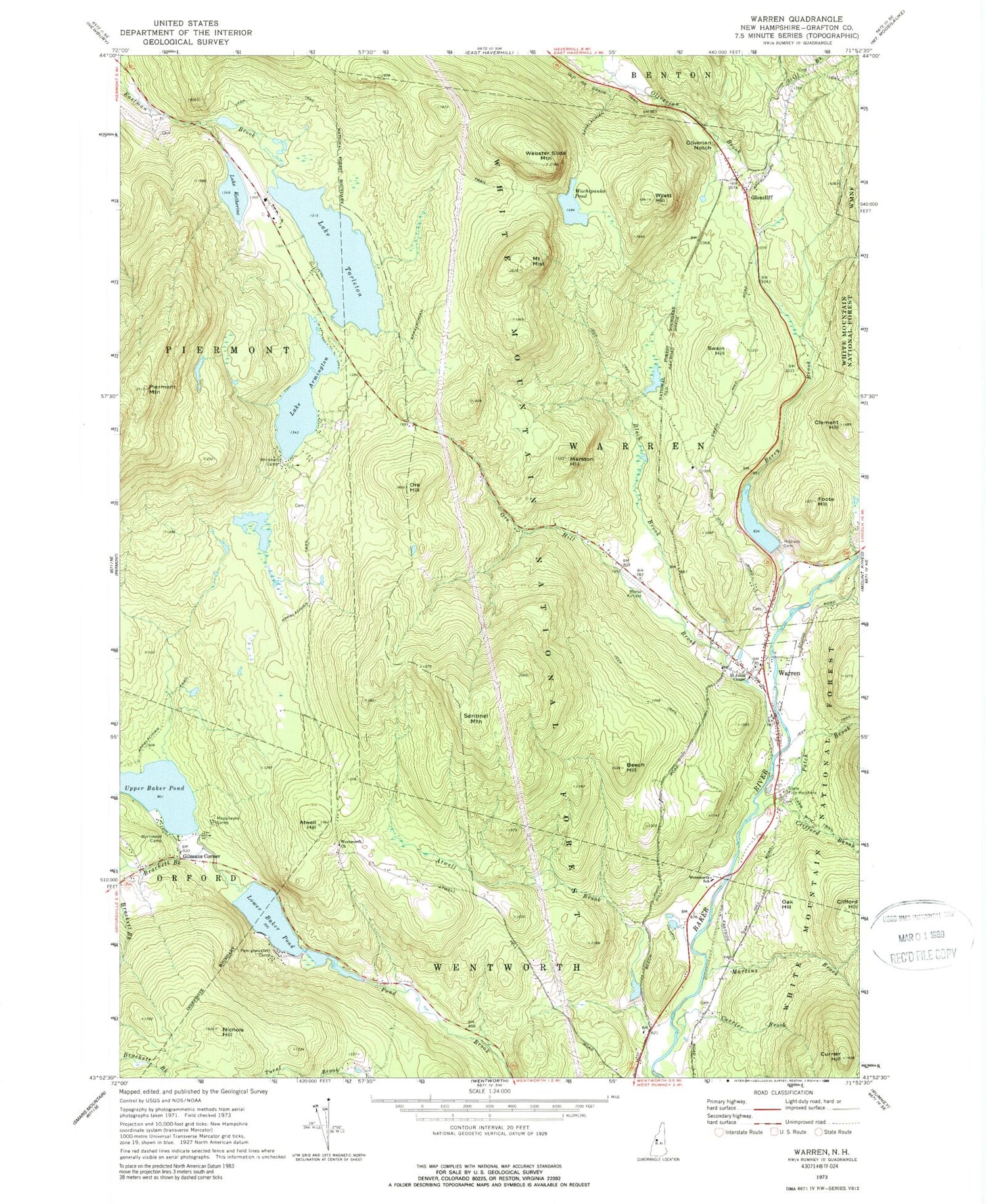 Classic USGS Warren New Hampshire 7.5'x7.5' Topo Map Image