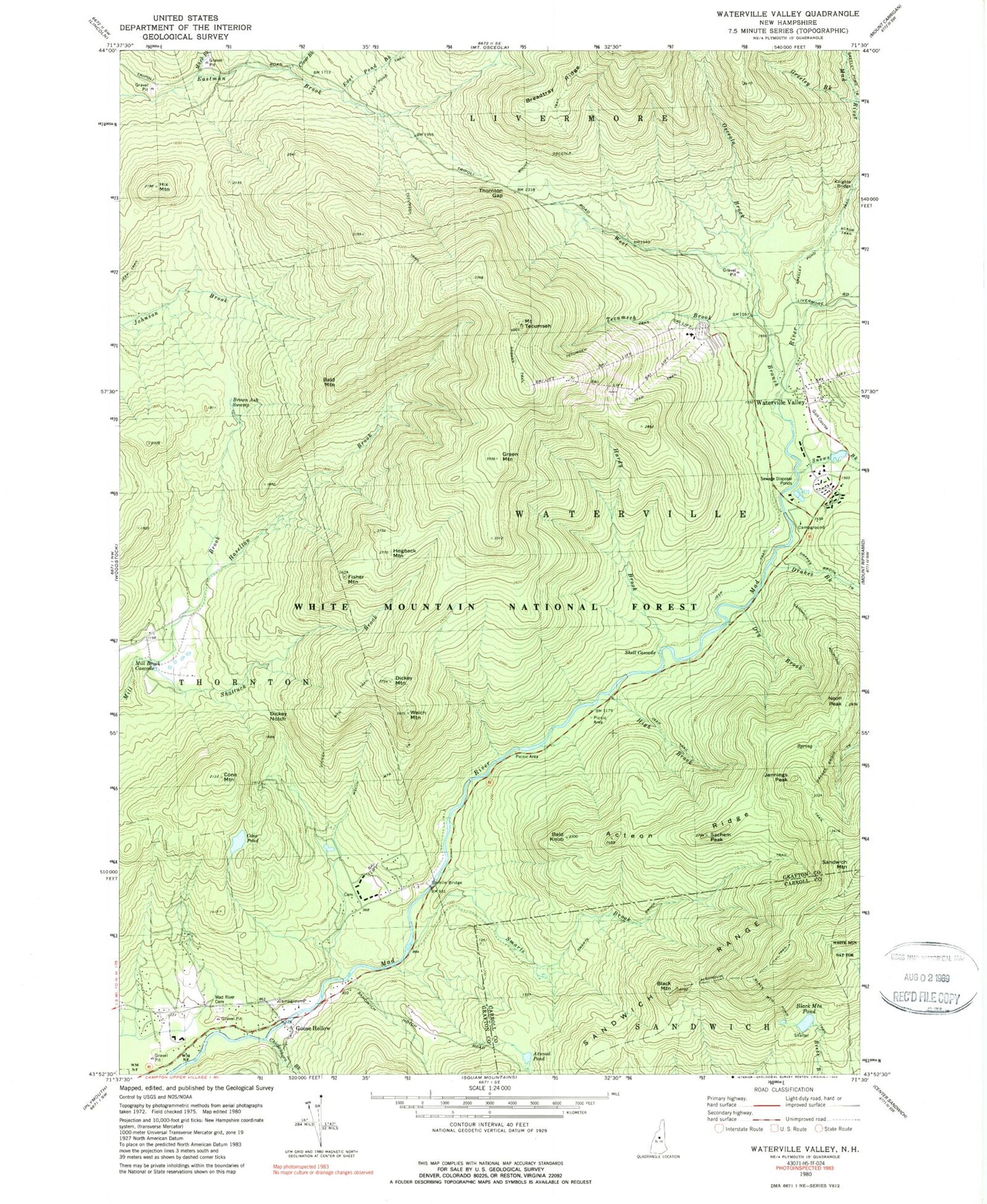 Classic USGS Waterville Valley New Hampshire 7.5'x7.5' Topo Map Image