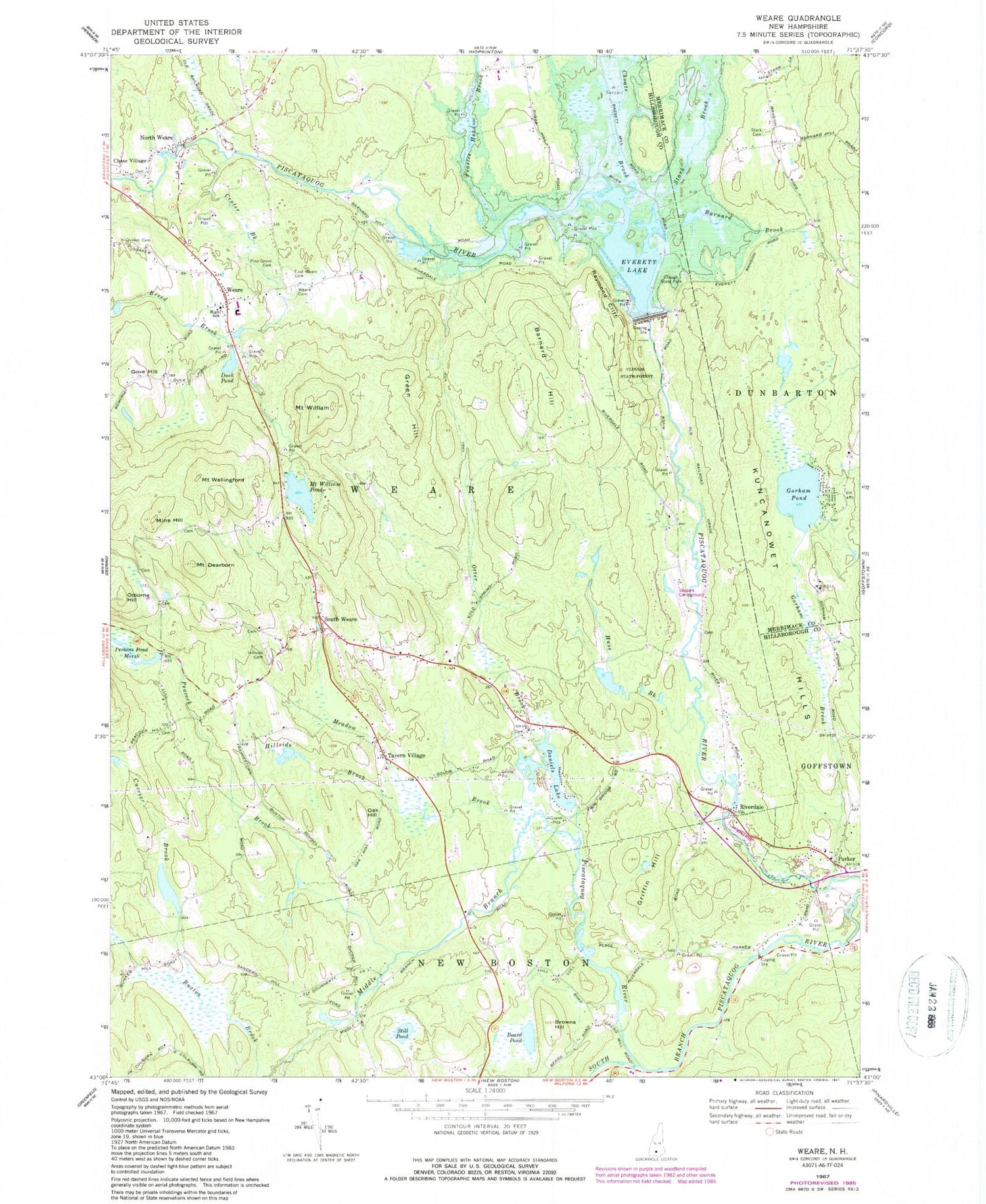 Classic USGS Weare New Hampshire 7.5'x7.5' Topo Map Image