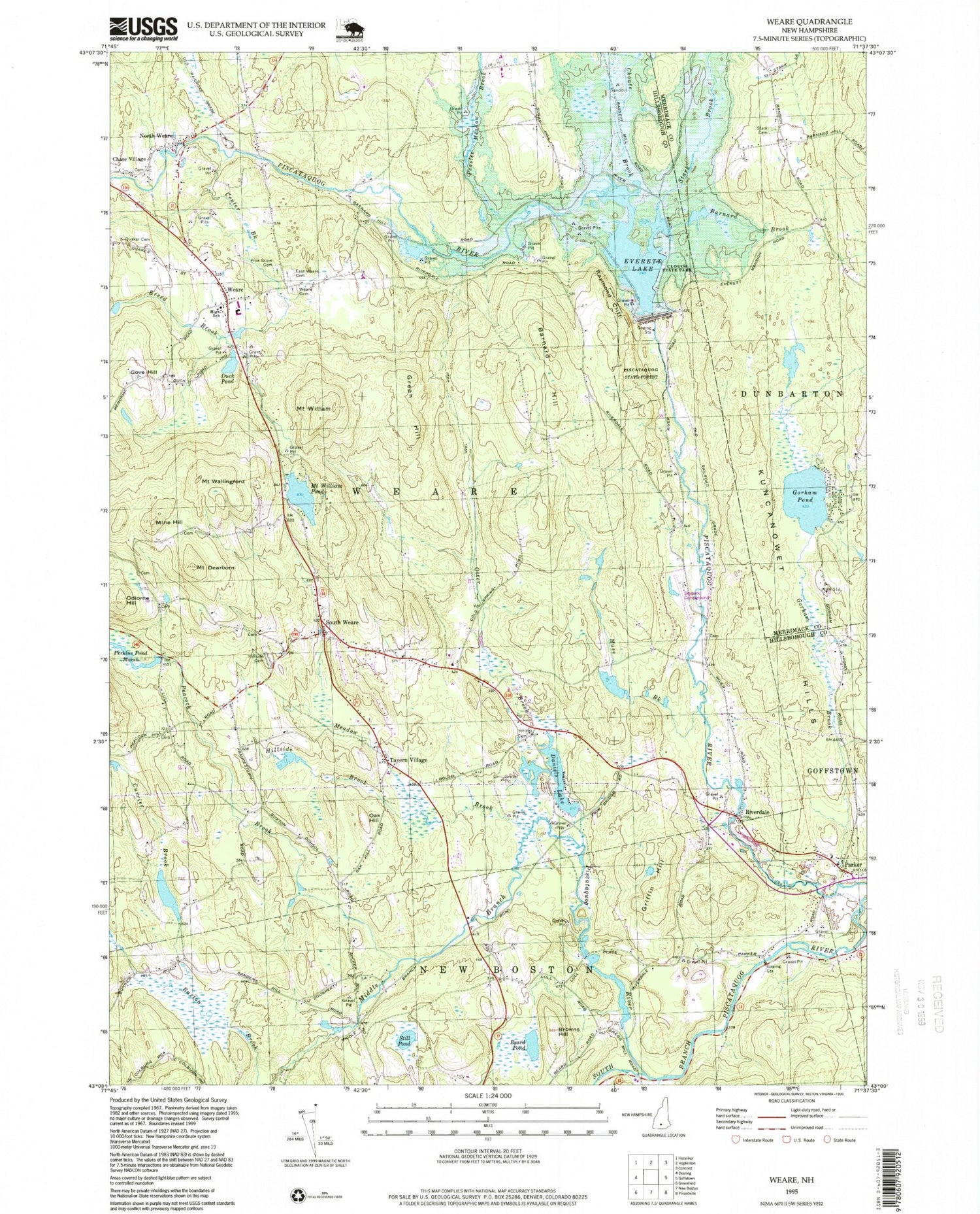 Classic USGS Weare New Hampshire 7.5'x7.5' Topo Map Image