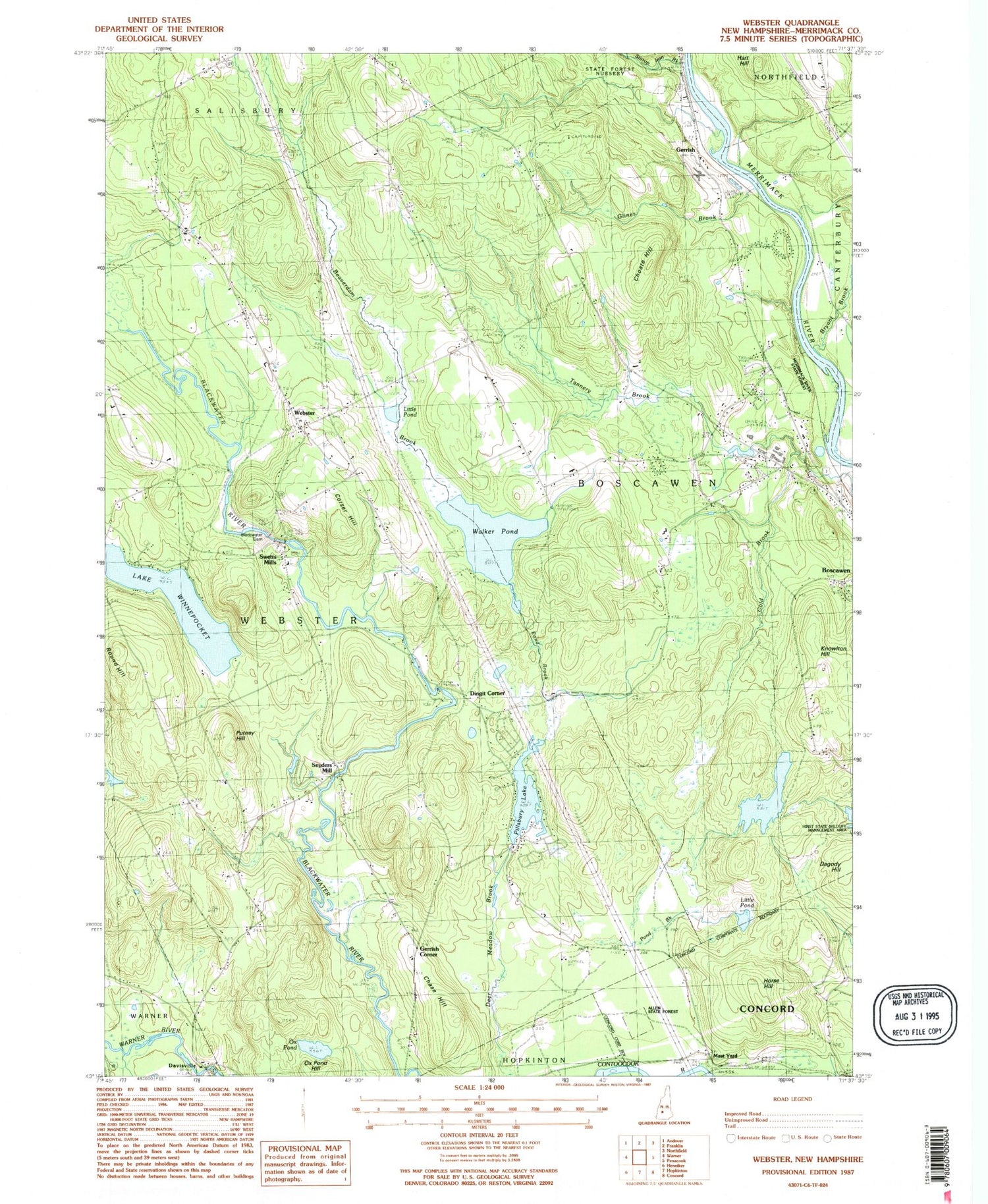 Classic USGS Webster New Hampshire 7.5'x7.5' Topo Map Image