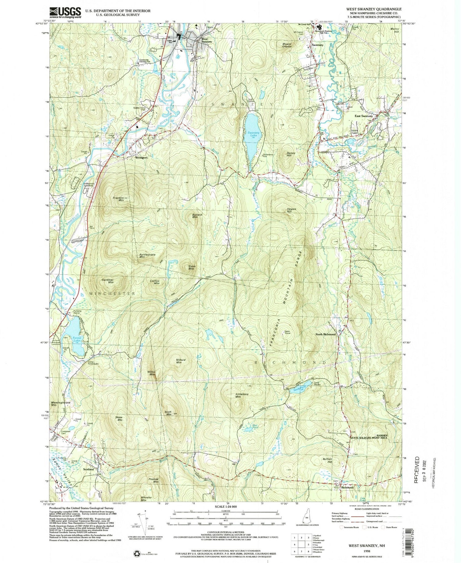 Classic USGS West Swanzey New Hampshire 7.5'x7.5' Topo Map Image