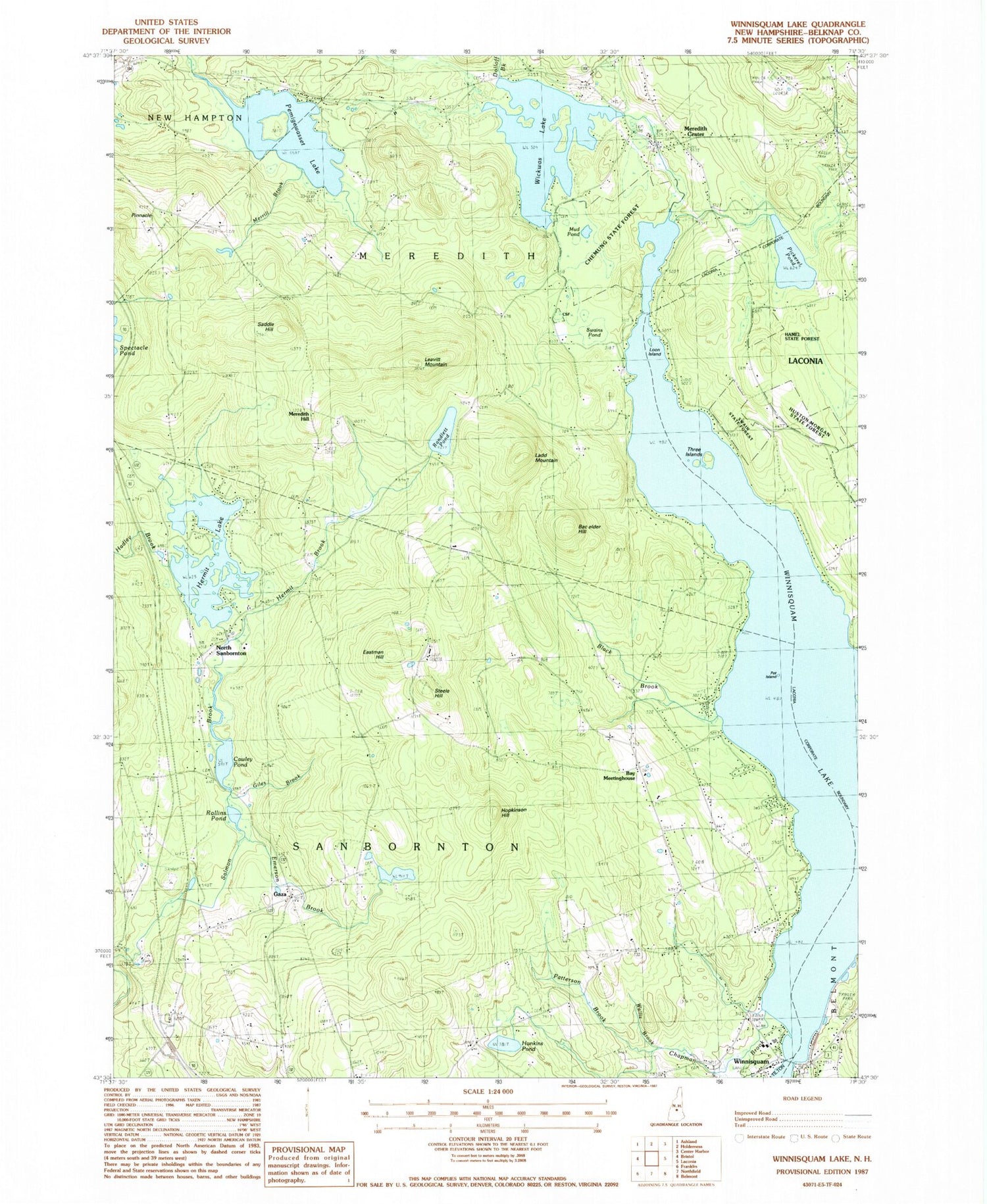 Classic USGS Winnisquam Lake New Hampshire 7.5'x7.5' Topo Map Image