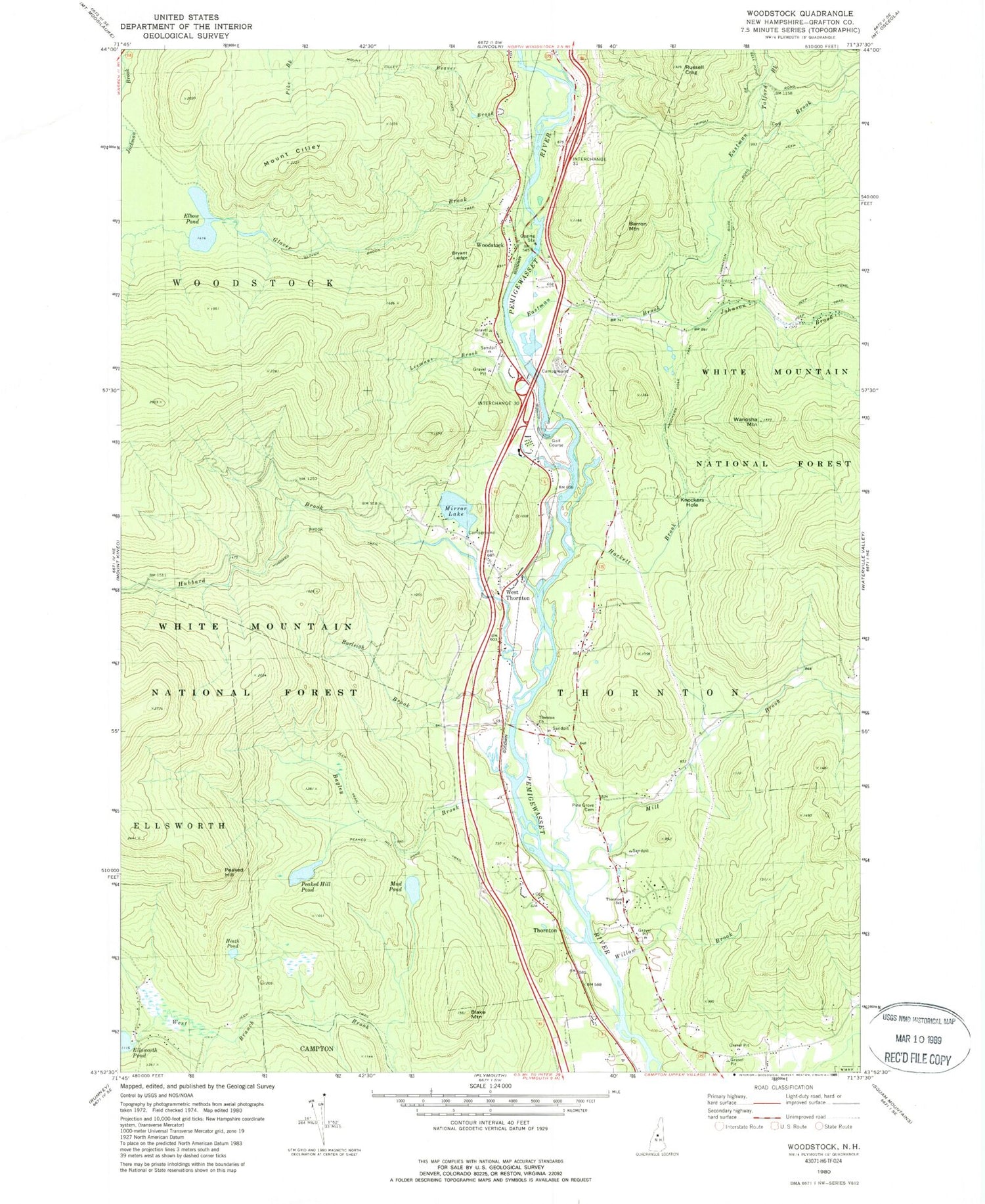 Classic USGS Woodstock New Hampshire 7.5'x7.5' Topo Map Image