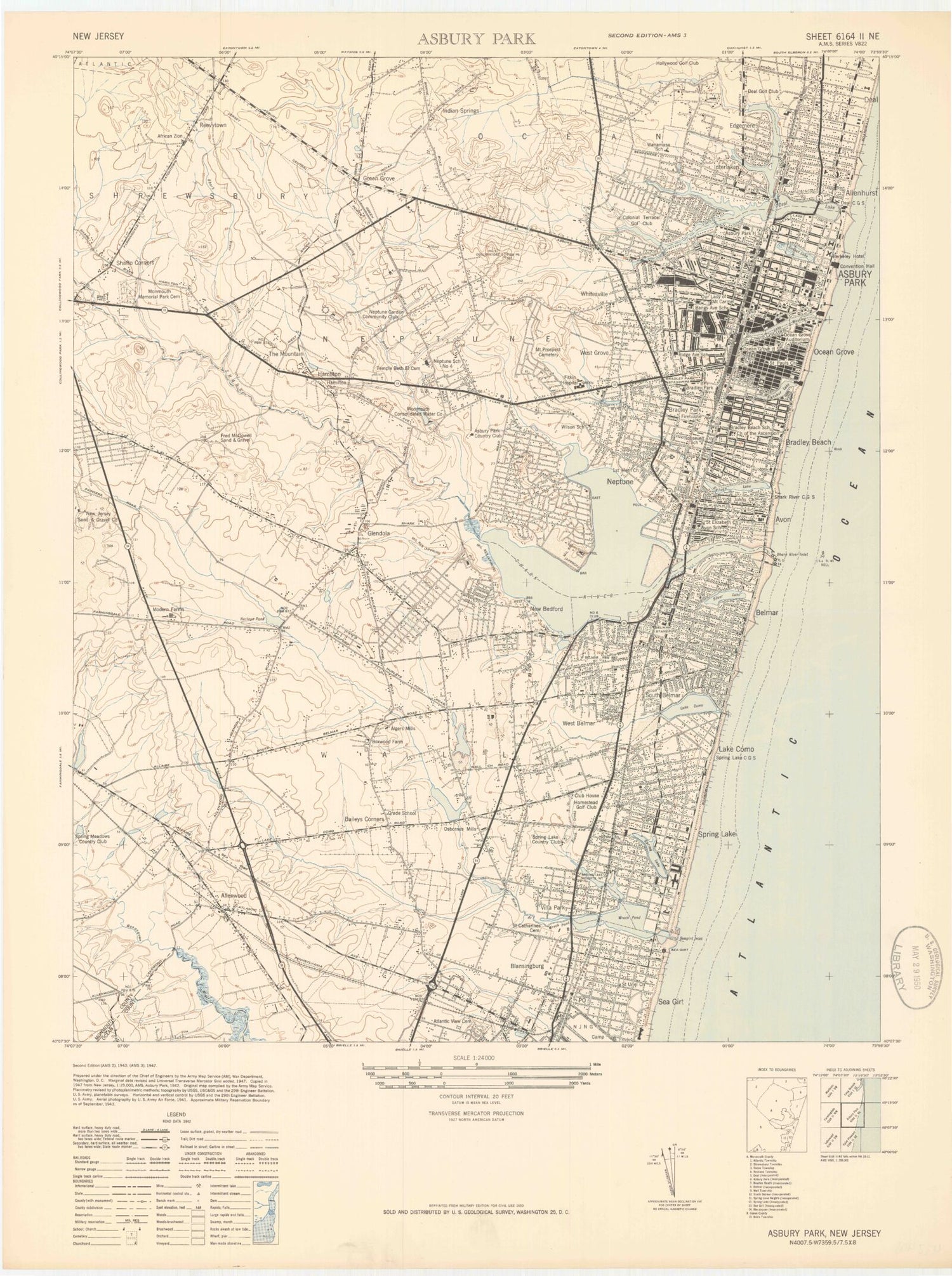 Classic USGS Asbury Park New Jersey 7.5'x7.5' Topo Map Image
