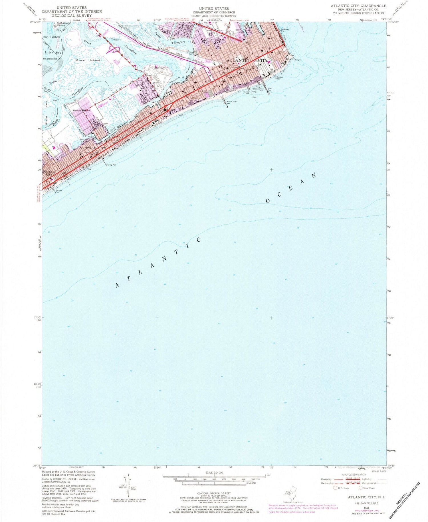 Classic USGS Atlantic City New Jersey 7.5'x7.5' Topo Map Image
