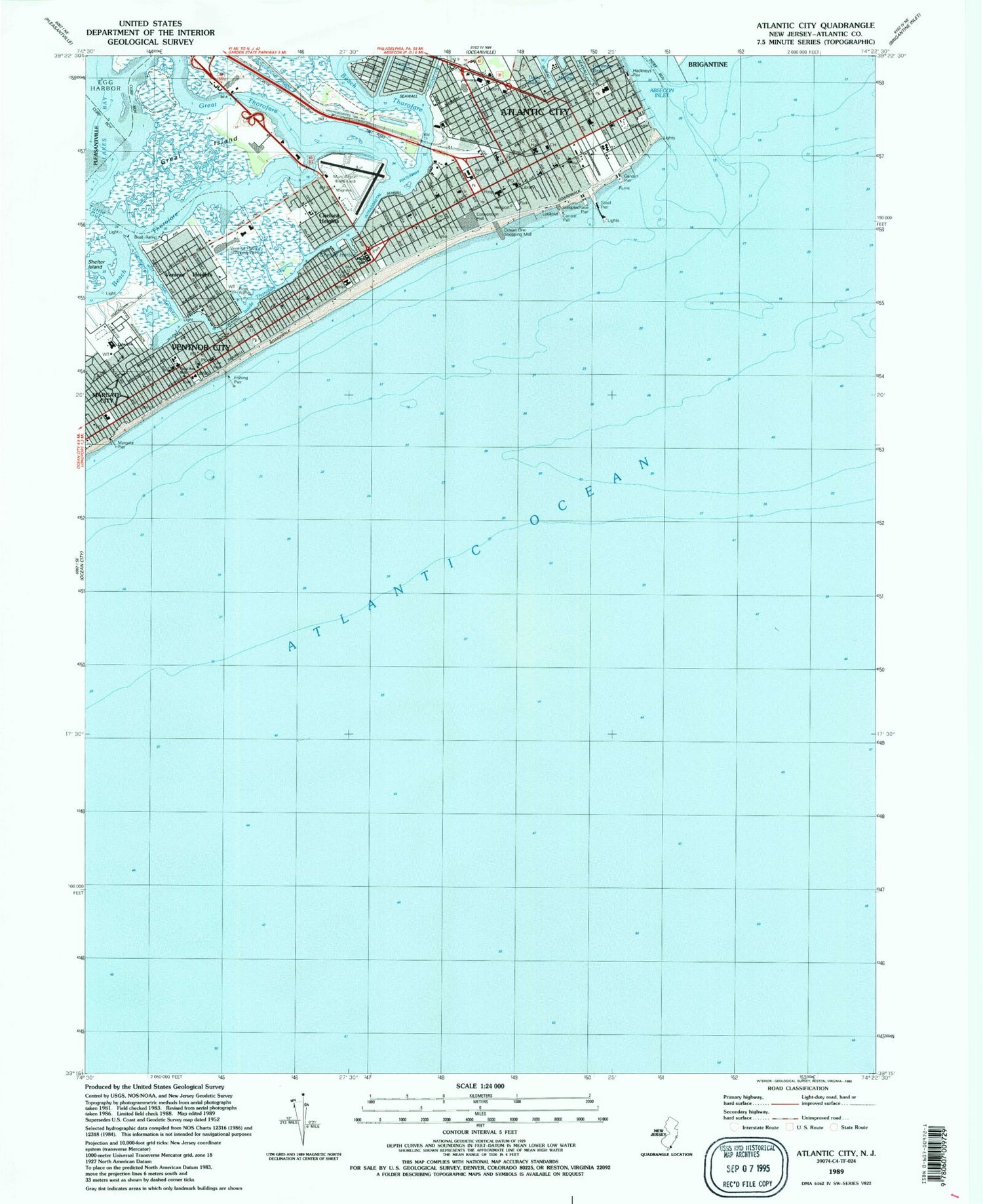 Classic USGS Atlantic City New Jersey 7.5'x7.5' Topo Map Image
