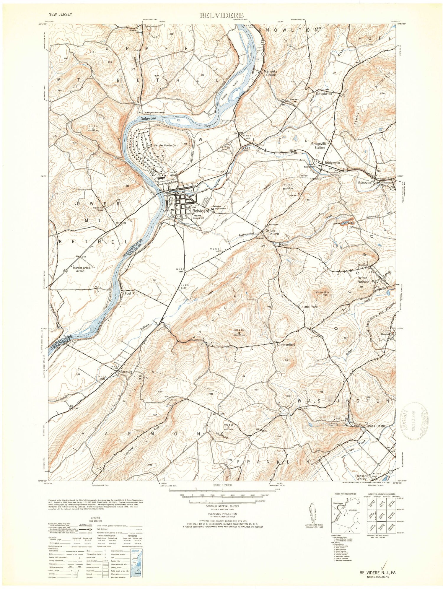 Classic USGS Belvidere New Jersey 7.5'x7.5' Topo Map Image