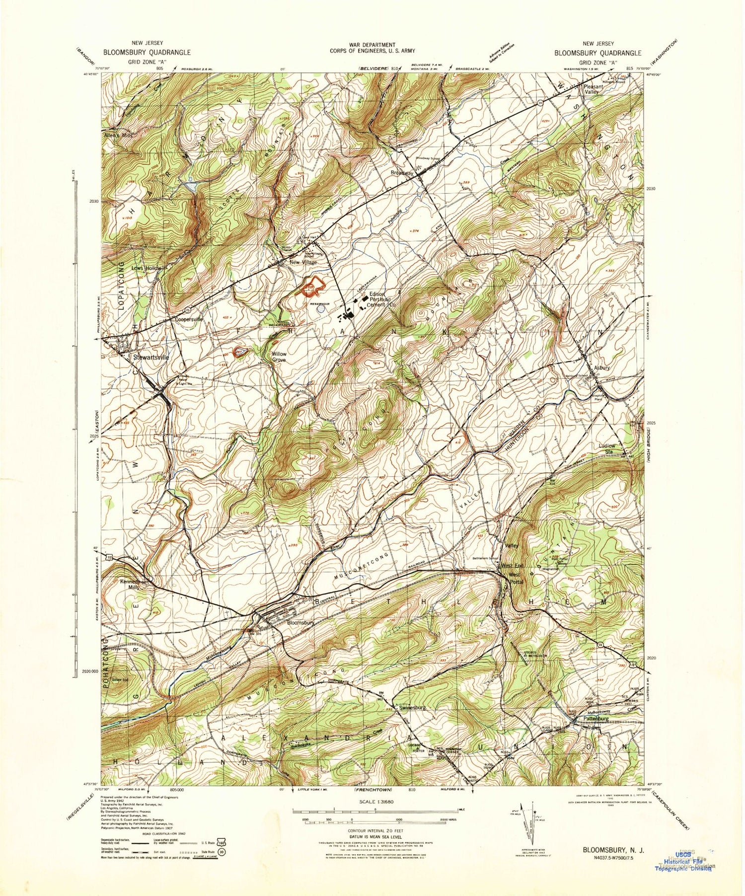 Classic USGS Bloomsbury New Jersey 7.5'x7.5' Topo Map Image