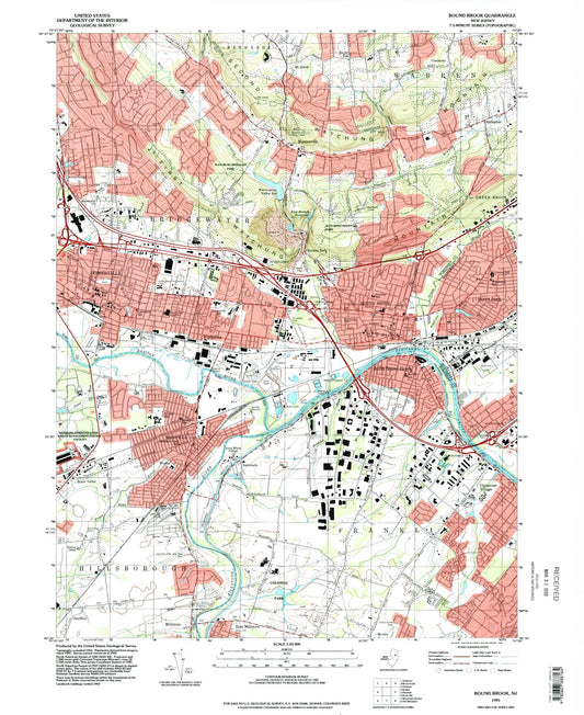 Classic USGS Bound Brook New Jersey 7.5'x7.5' Topo Map Image