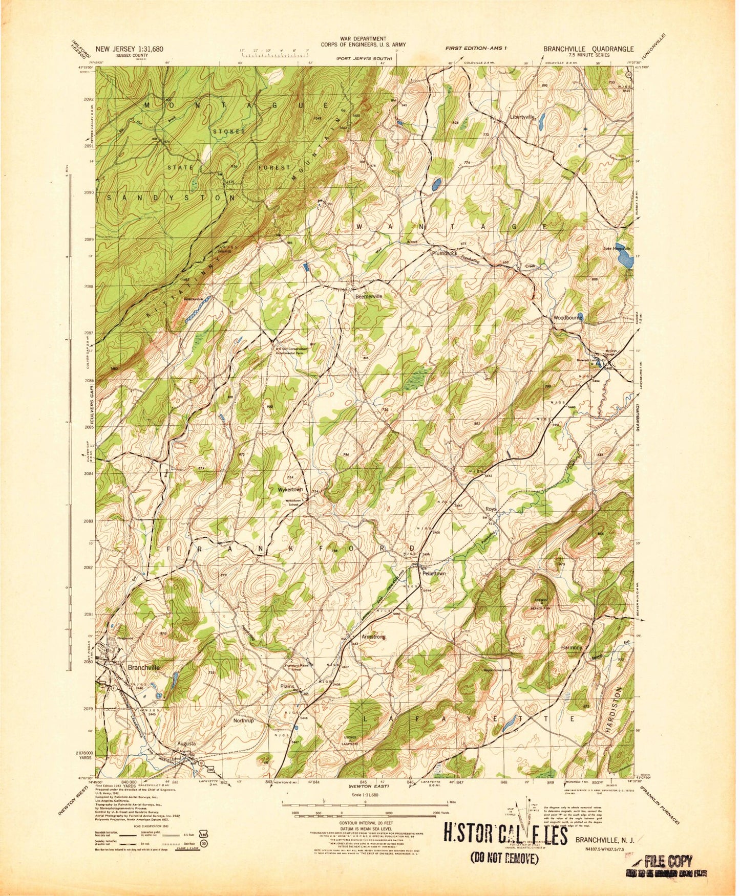 Classic USGS Branchville New Jersey 7.5'x7.5' Topo Map Image