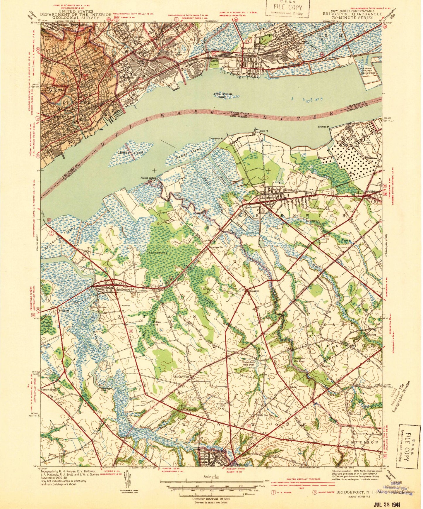 Classic USGS Bridgeport New Jersey 7.5'x7.5' Topo Map Image