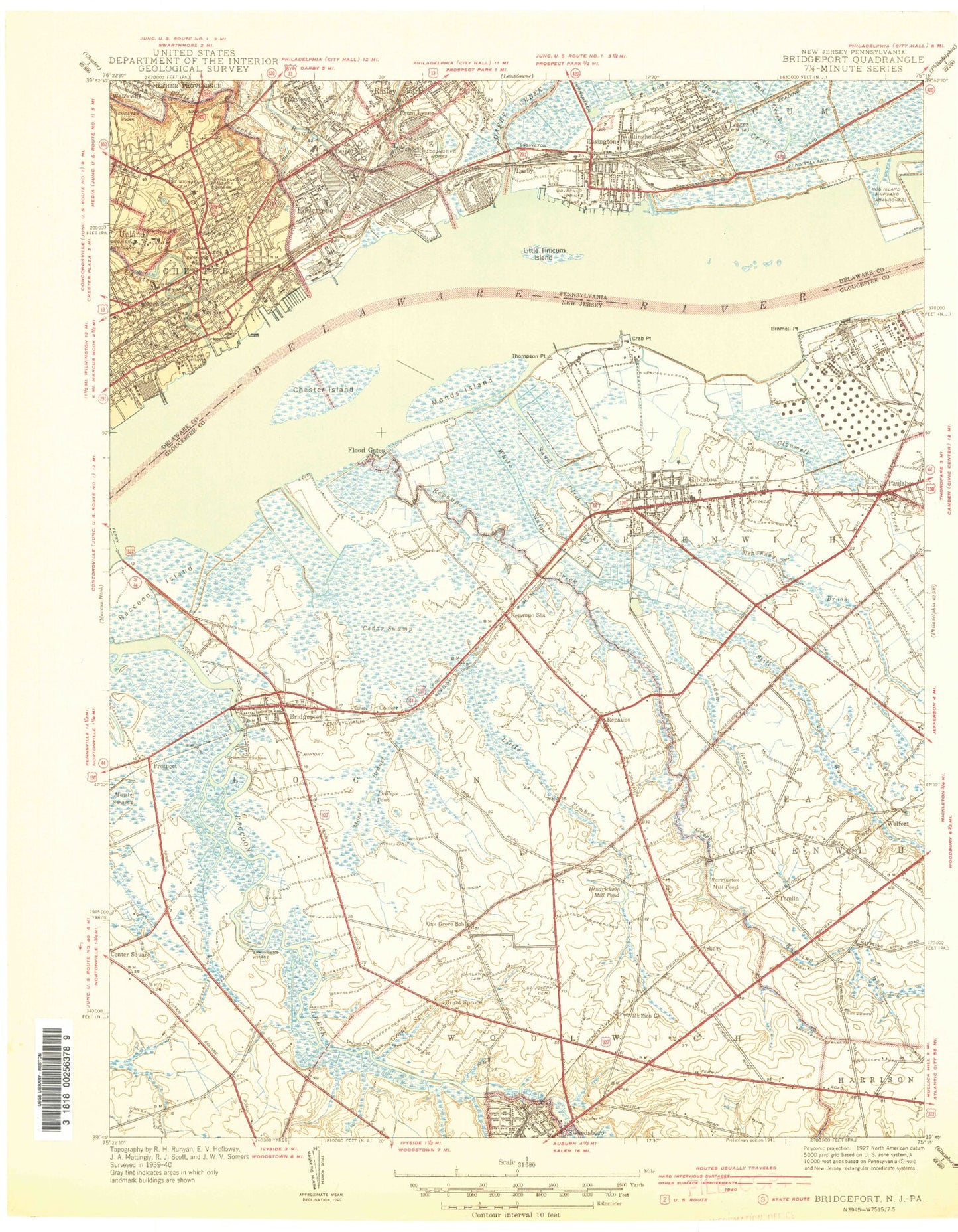 Classic USGS Bridgeport New Jersey 7.5'x7.5' Topo Map Image