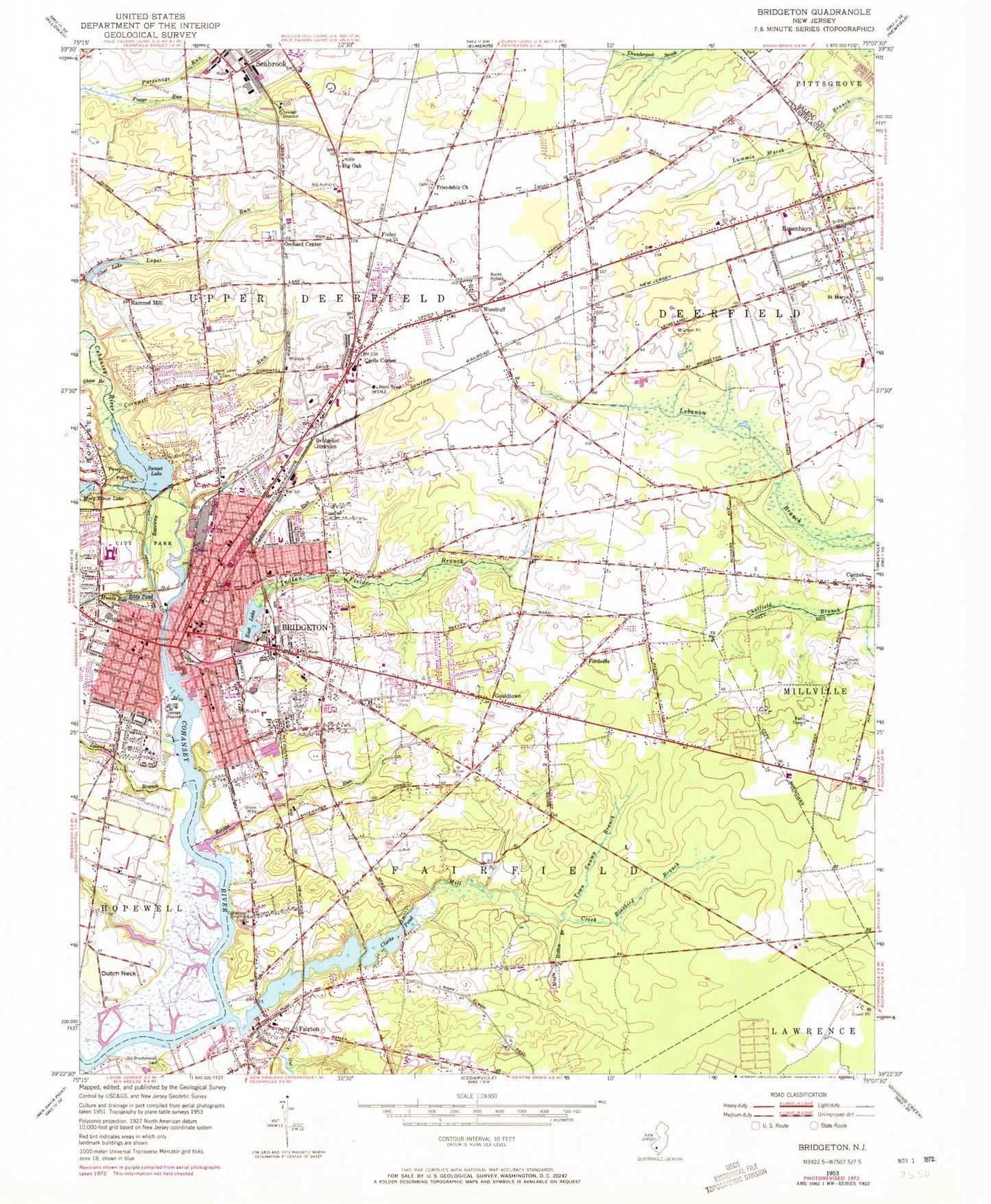 Classic USGS Bridgeton New Jersey 7.5'x7.5' Topo Map Image