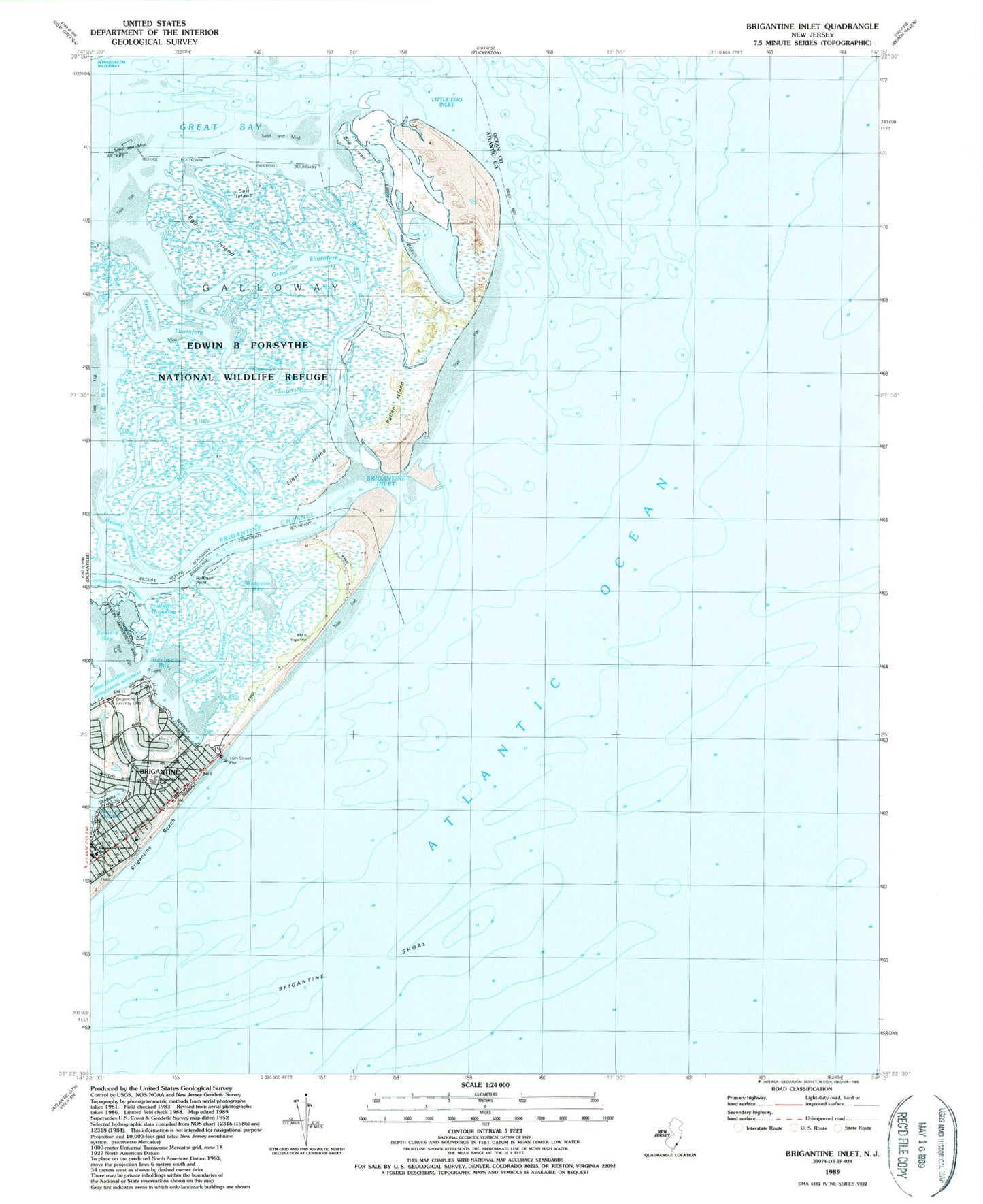 Classic USGS Brigantine Inlet New Jersey 7.5'x7.5' Topo Map Image