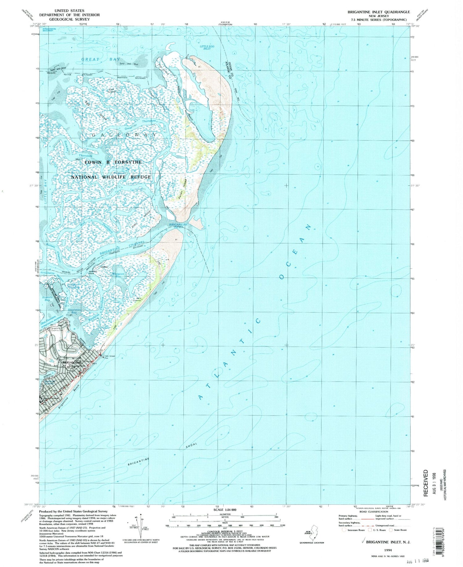 Classic USGS Brigantine Inlet New Jersey 7.5'x7.5' Topo Map Image