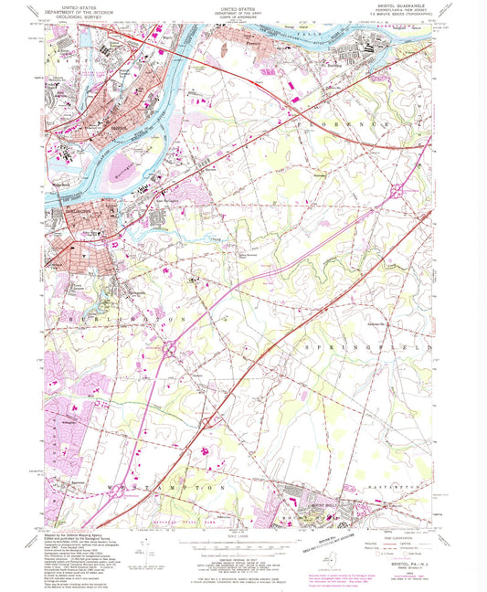 Classic USGS Bristol Pennsylvania 7.5'x7.5' Topo Map Image