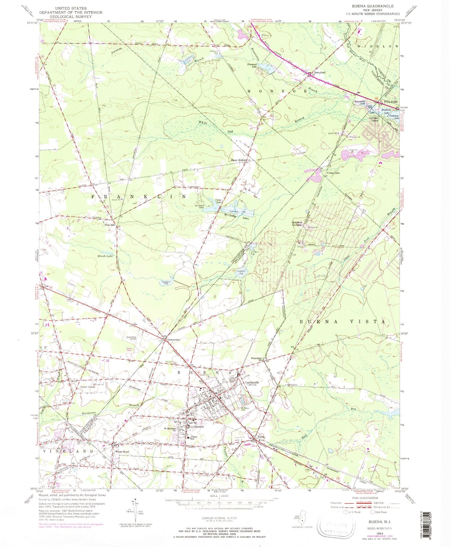 Classic USGS Buena New Jersey 7.5'x7.5' Topo Map Image