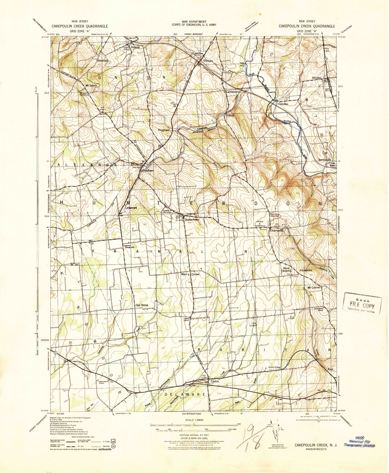 Classic USGS Pittstown New Jersey 7.5'x7.5' Topo Map Image