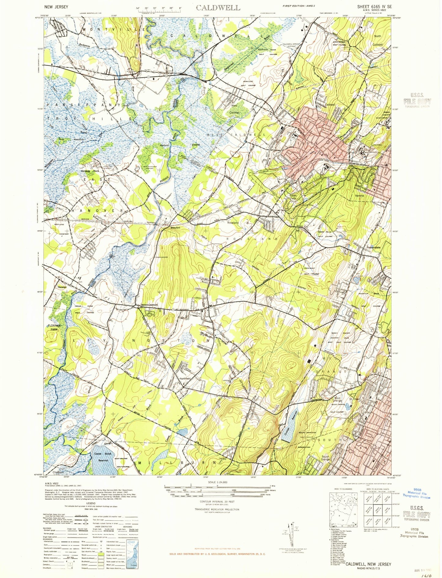 Classic USGS Caldwell New Jersey 7.5'x7.5' Topo Map Image