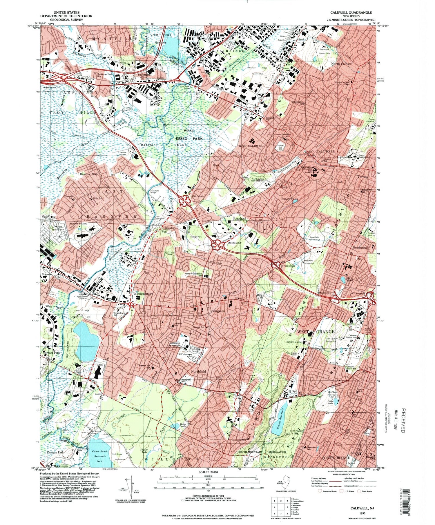 Classic USGS Caldwell New Jersey 7.5'x7.5' Topo Map Image
