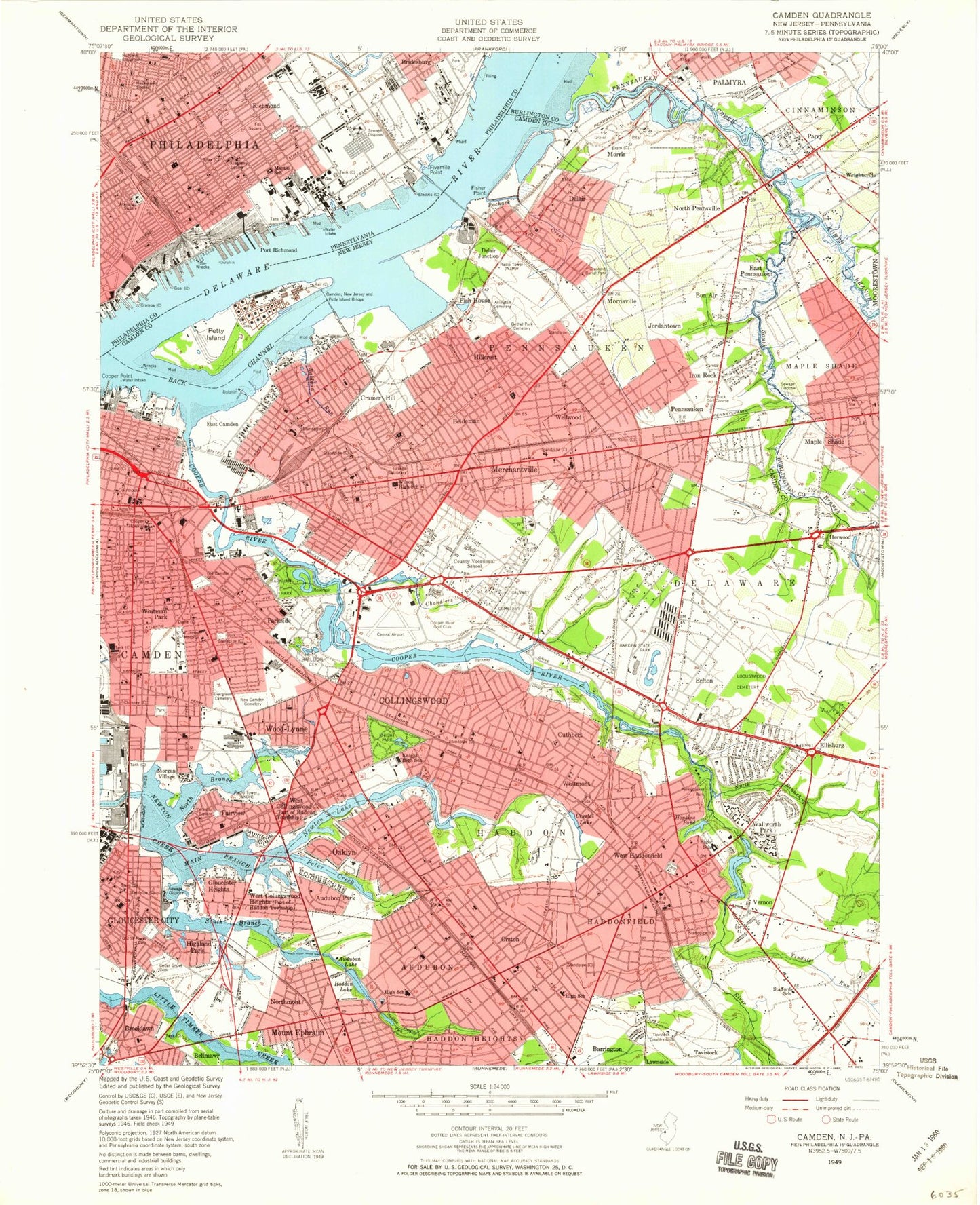 Classic USGS Camden New Jersey 7.5'x7.5' Topo Map Image