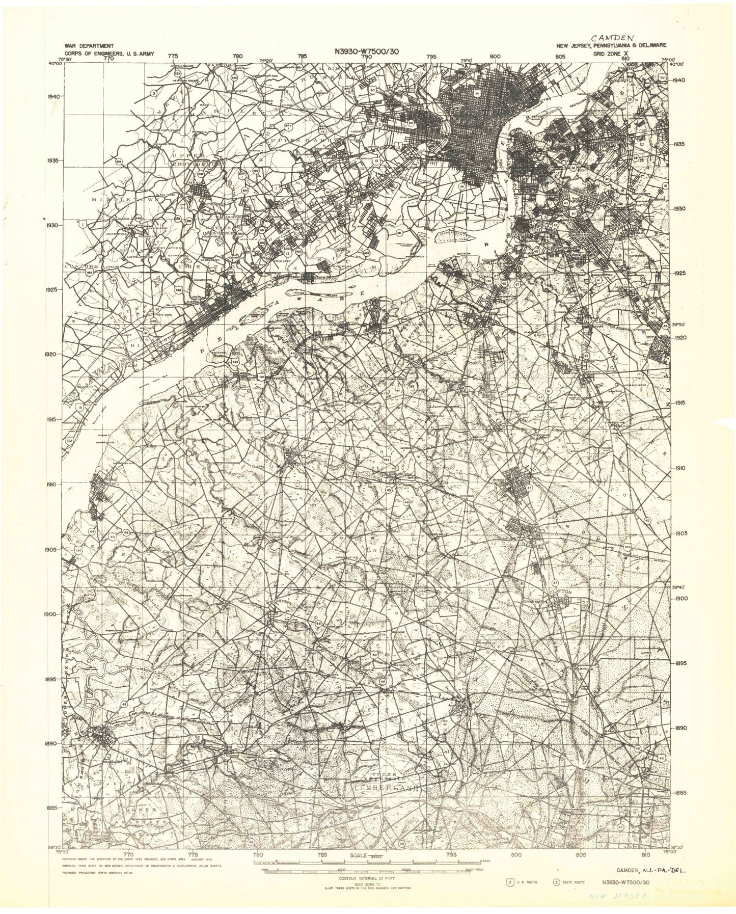 Historic 1942 Camden New Jersey 30'x30' Topo Map Image