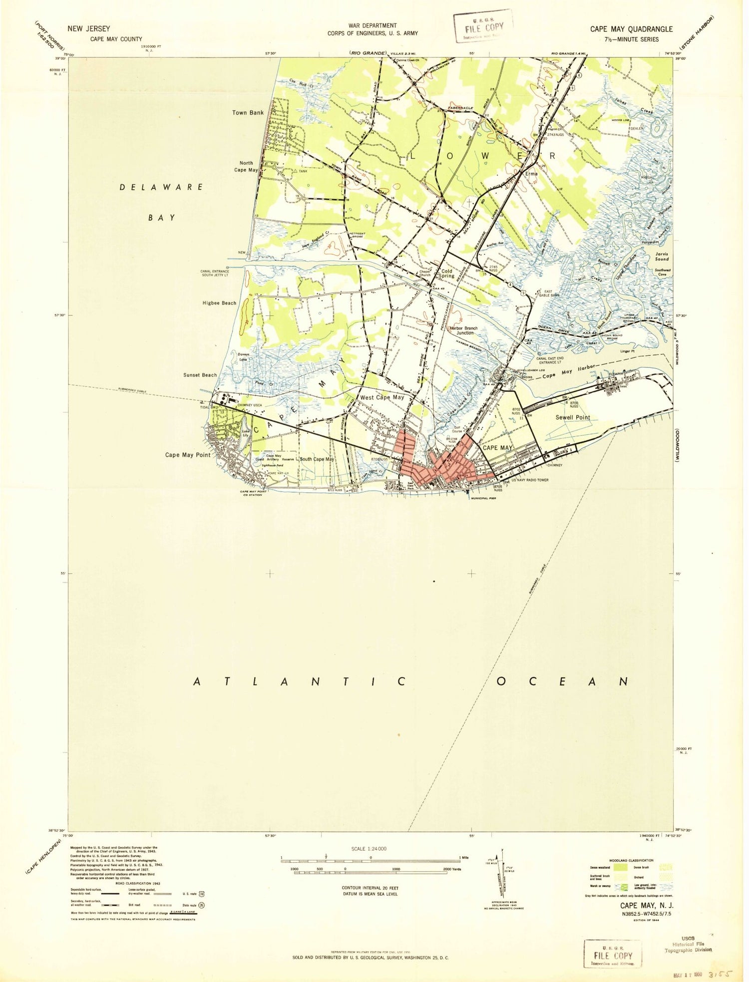 Classic USGS Cape May New Jersey 7.5'x7.5' Topo Map Image