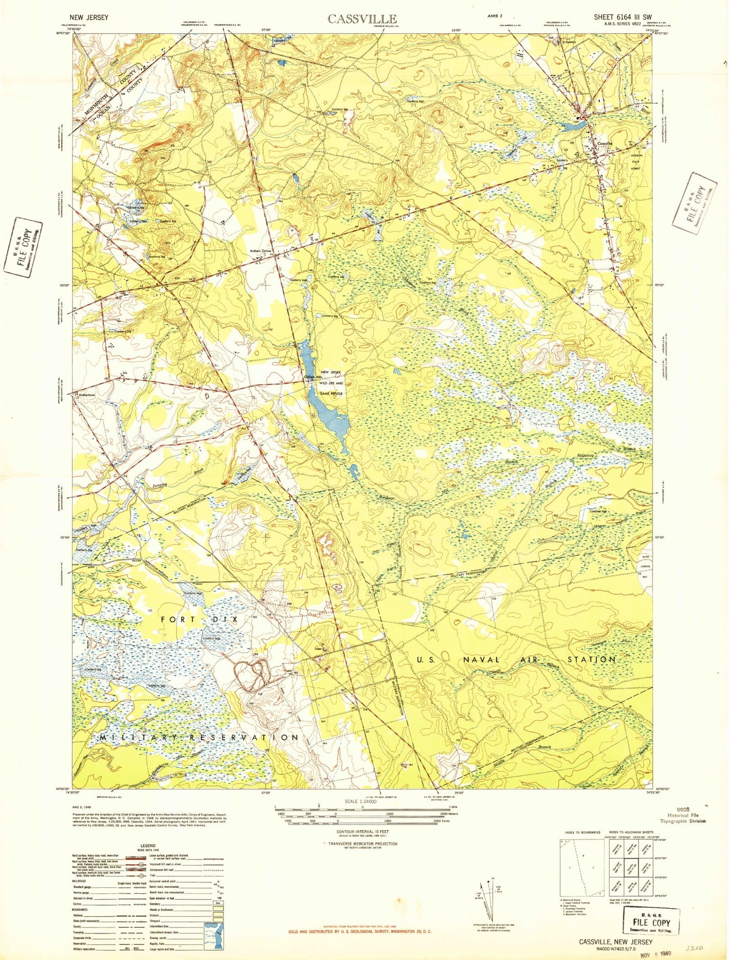 Classic USGS Cassville New Jersey 7.5'x7.5' Topo Map Image