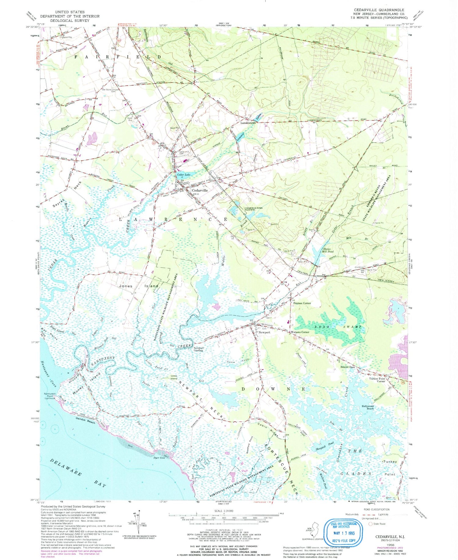 Classic USGS Cedarville New Jersey 7.5'x7.5' Topo Map Image