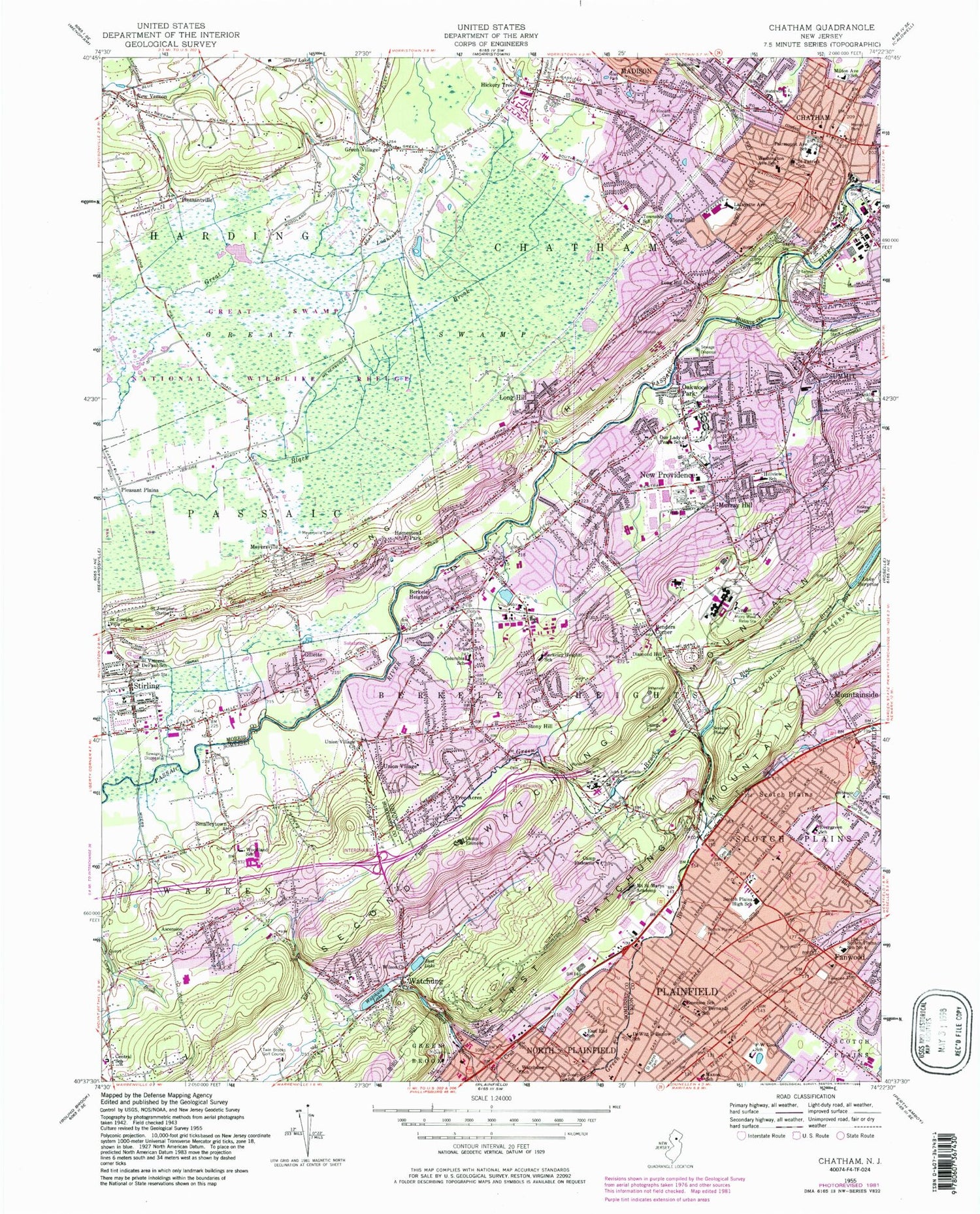 Classic USGS Chatham New Jersey 7.5'x7.5' Topo Map Image